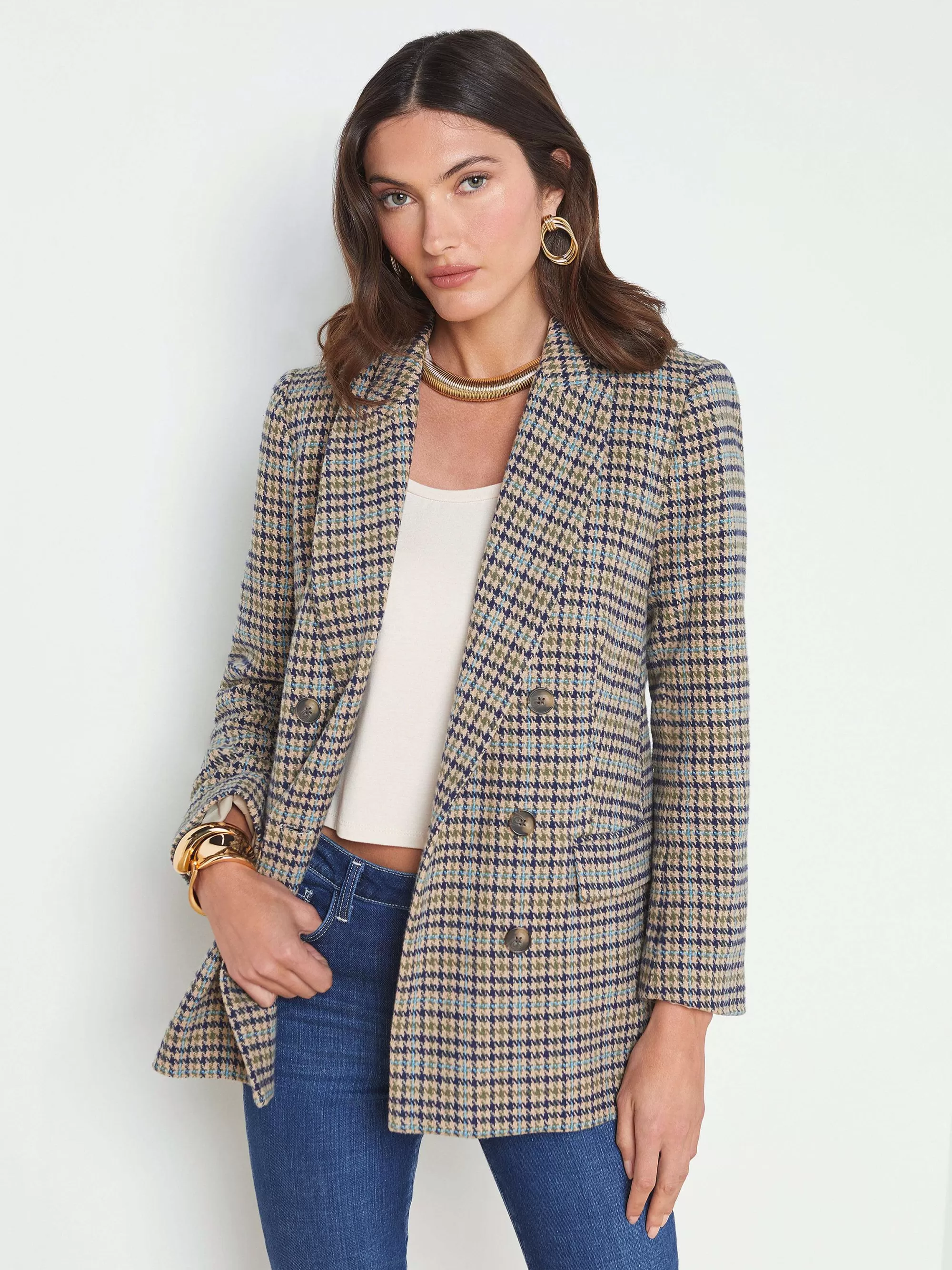 L'AGENCE Aimee Oversized Boyfriend Blazer Amandel Multi Houndstooth New