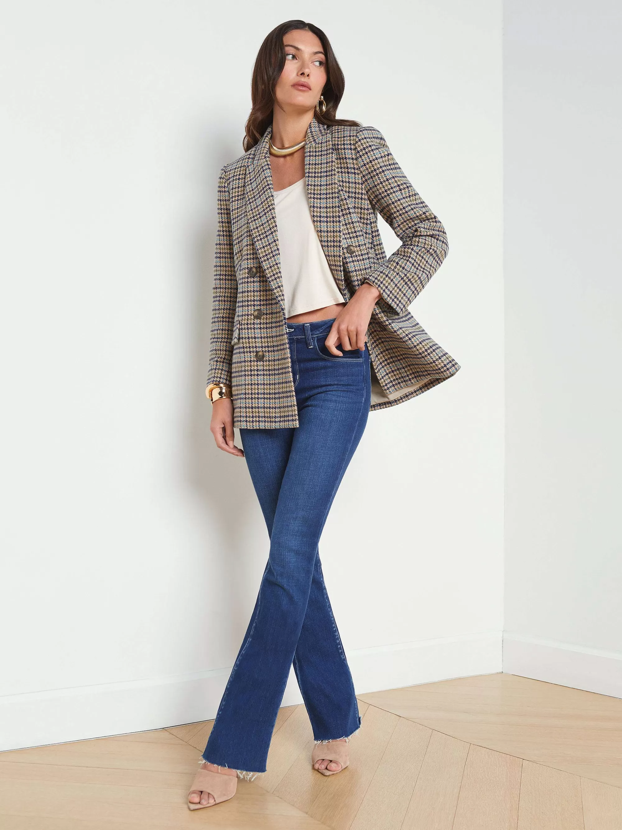 L'AGENCE Aimee Oversized Boyfriend Blazer Amandel Multi Houndstooth New