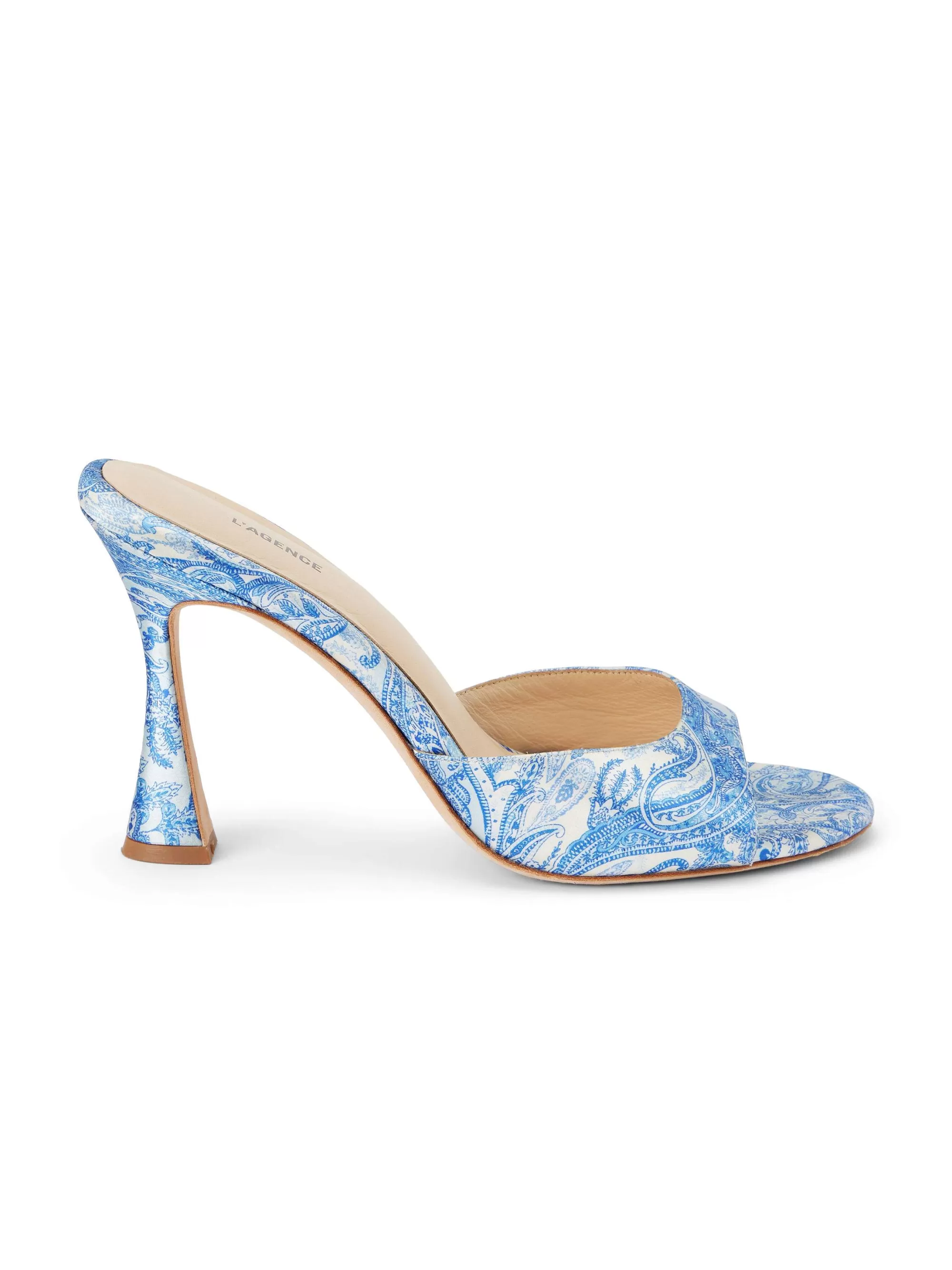 L'AGENCE Avery Satijnen Peeptoe-Muiltje Blauw Ivoor Paisley Satijn New