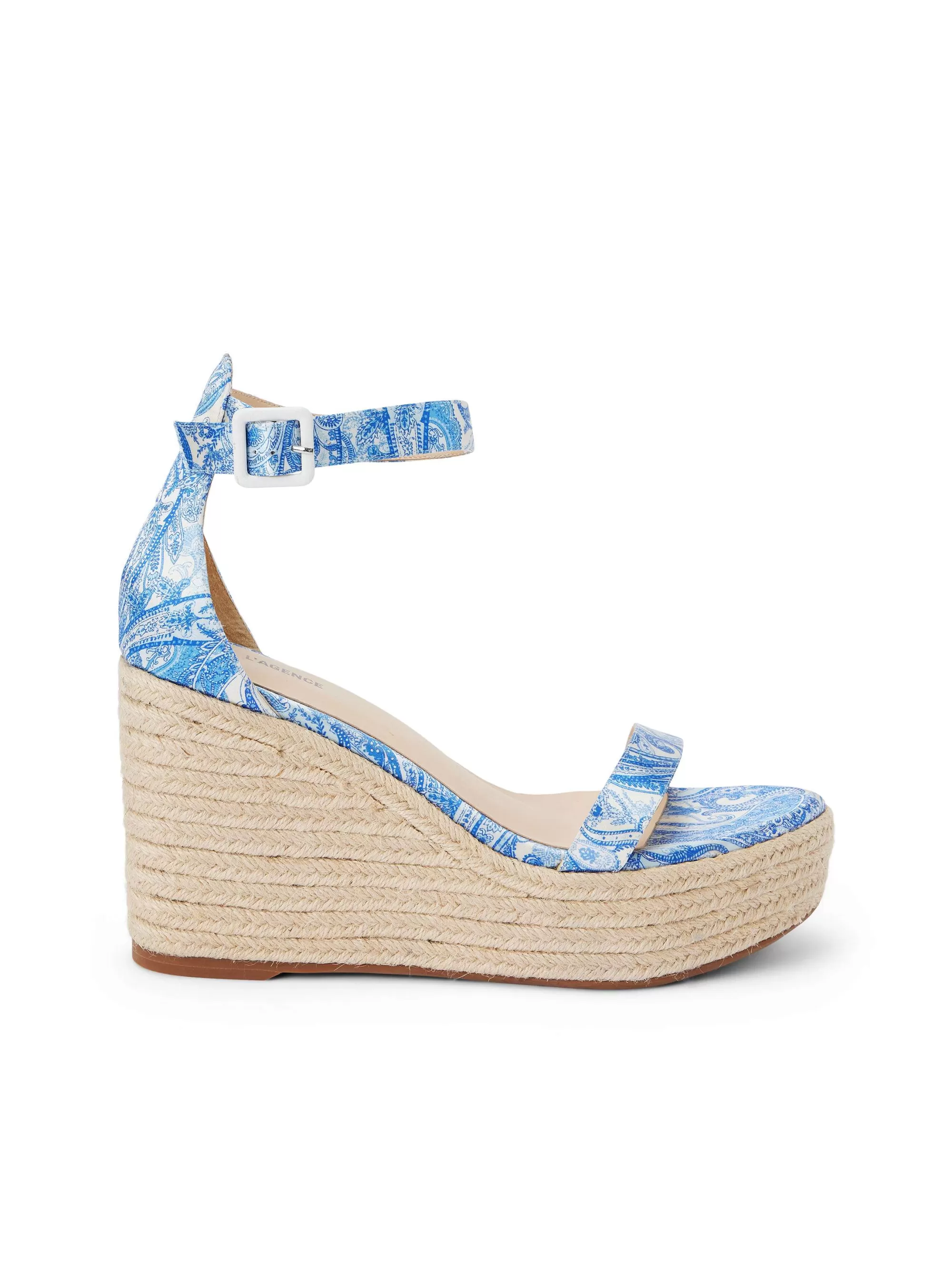 L'AGENCE Avice Espadrille Met Sleehak Blauw Ivoor Paisley Satijn Online