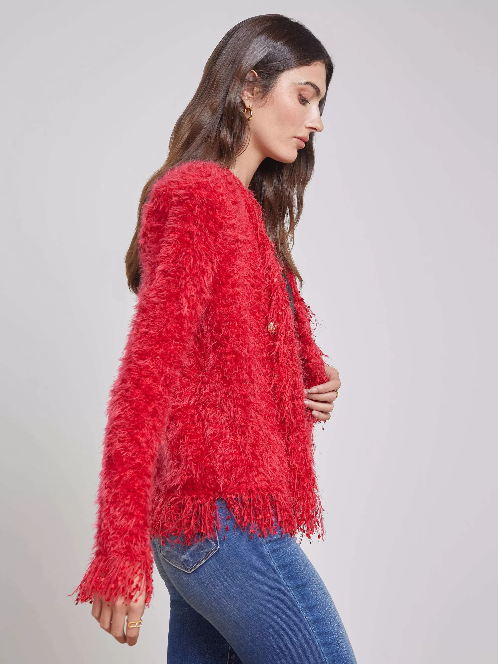 L'AGENCE Azuurblauwe Vestblazer Met Franjes Rood Hot