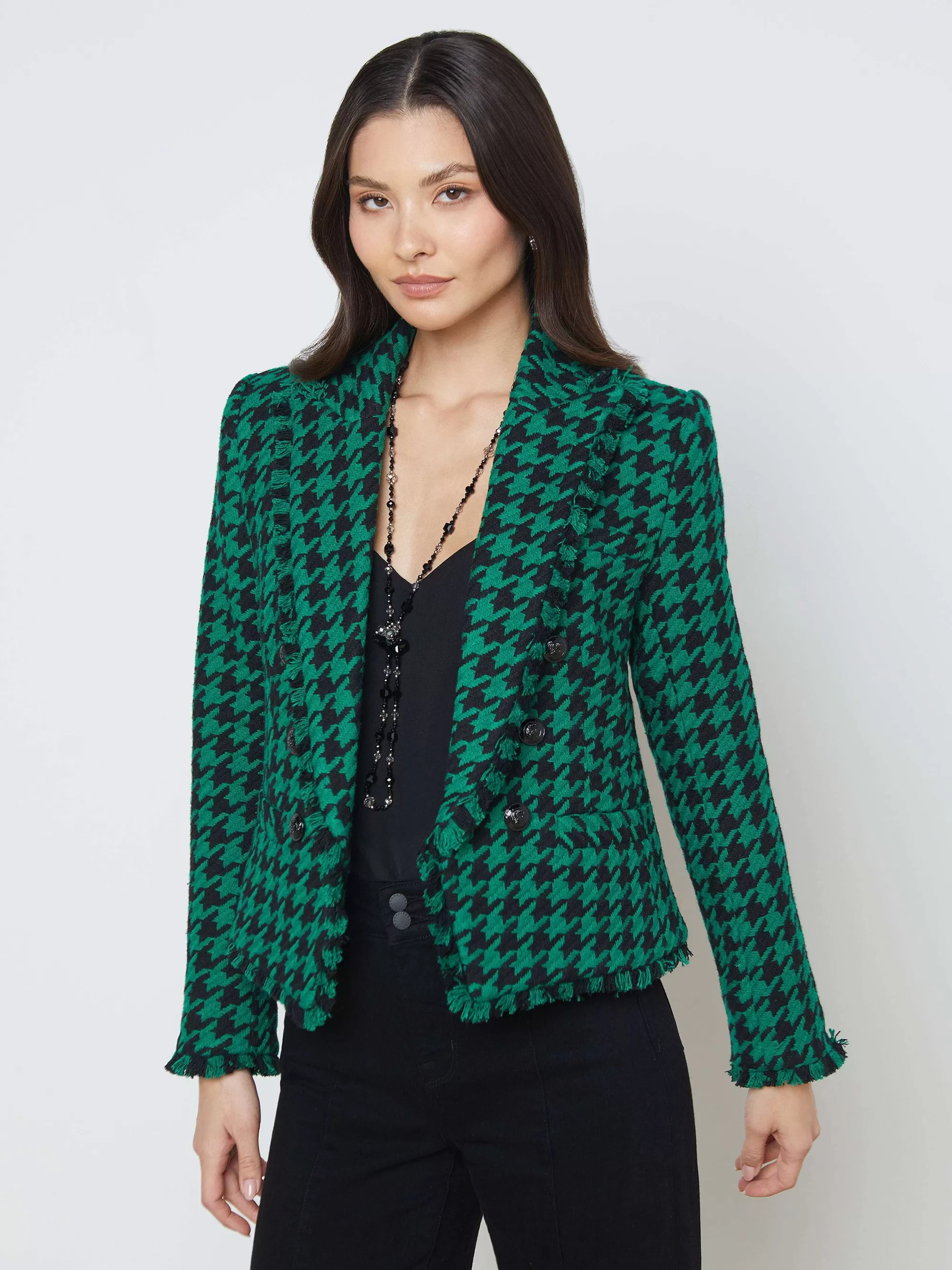 L'AGENCE Brooke Blazer Met Open Voorkant Groen/Zwart Pied-De-Poule Store