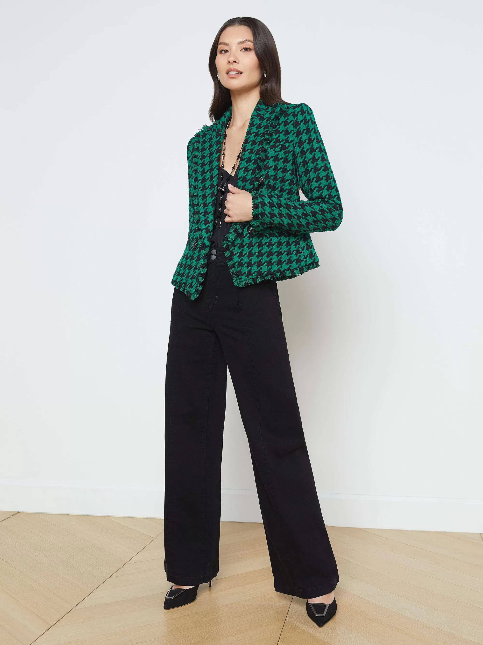 L'AGENCE Brooke Blazer Met Open Voorkant Groen/Zwart Pied-De-Poule Store