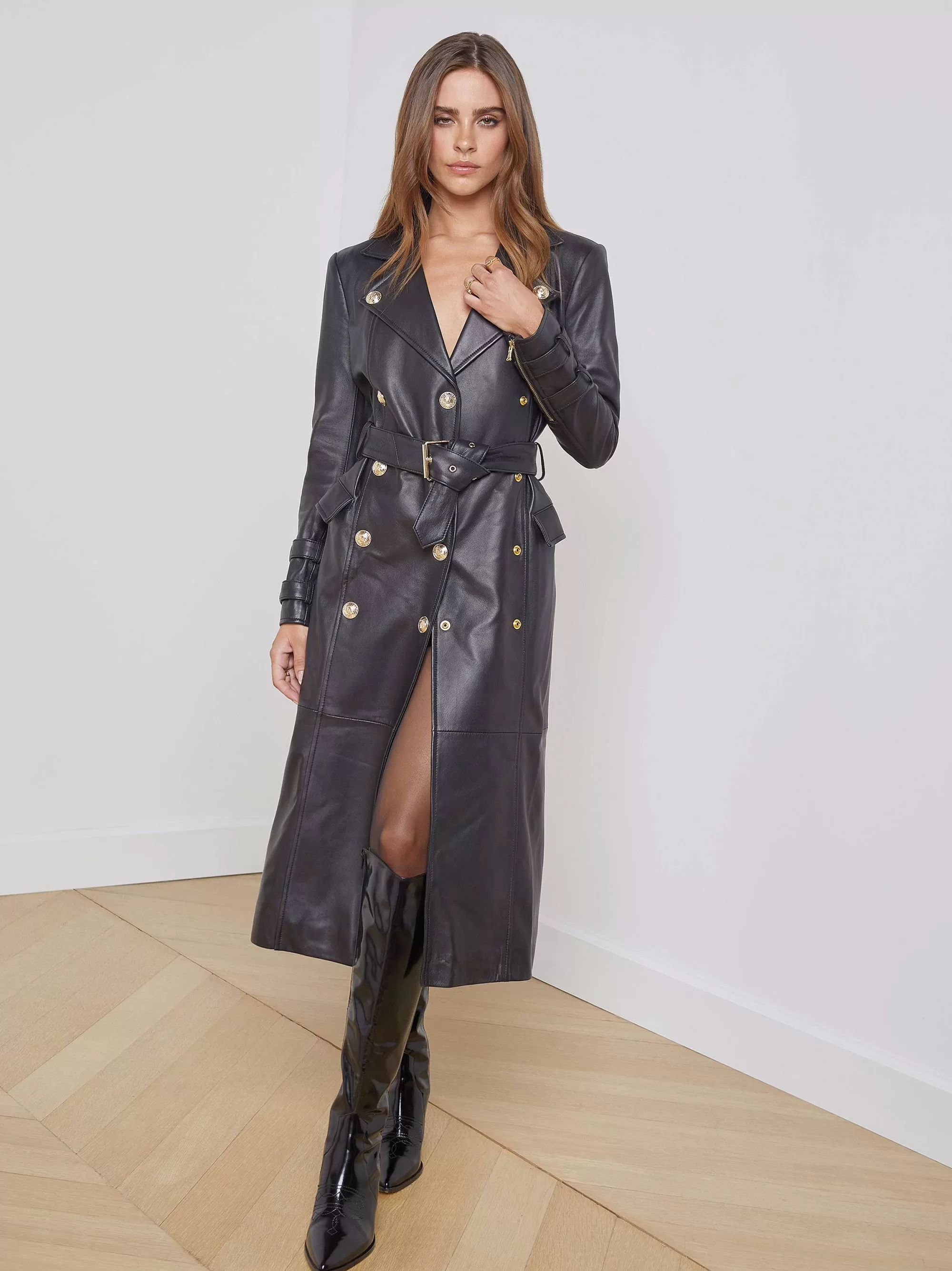 L'AGENCE Celina Leren Trenchcoat Zwart Flash Sale