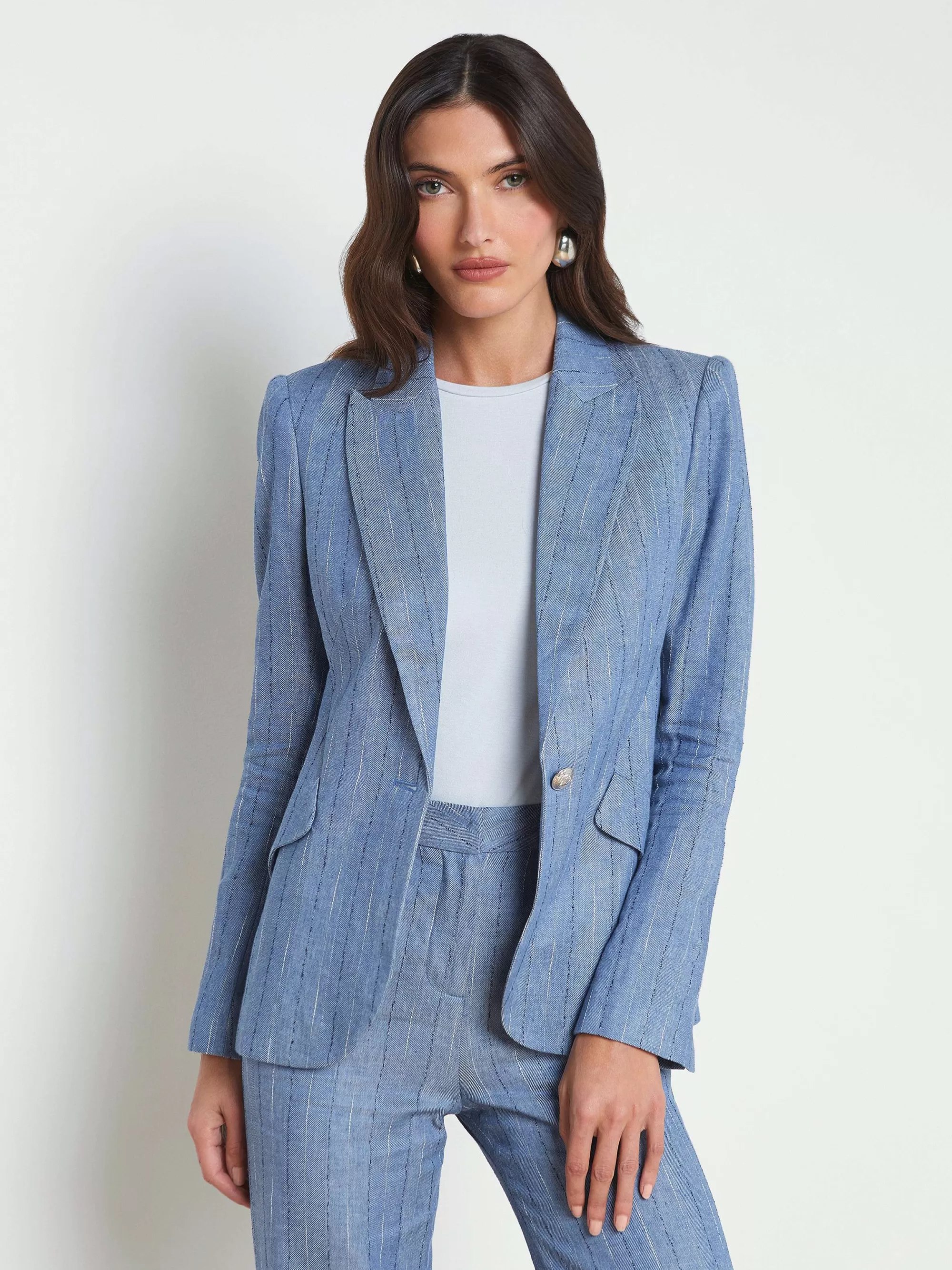 L'AGENCE Chamberlain Blazer Van Linnenmix Leisteenblauwe Krijtstreep New