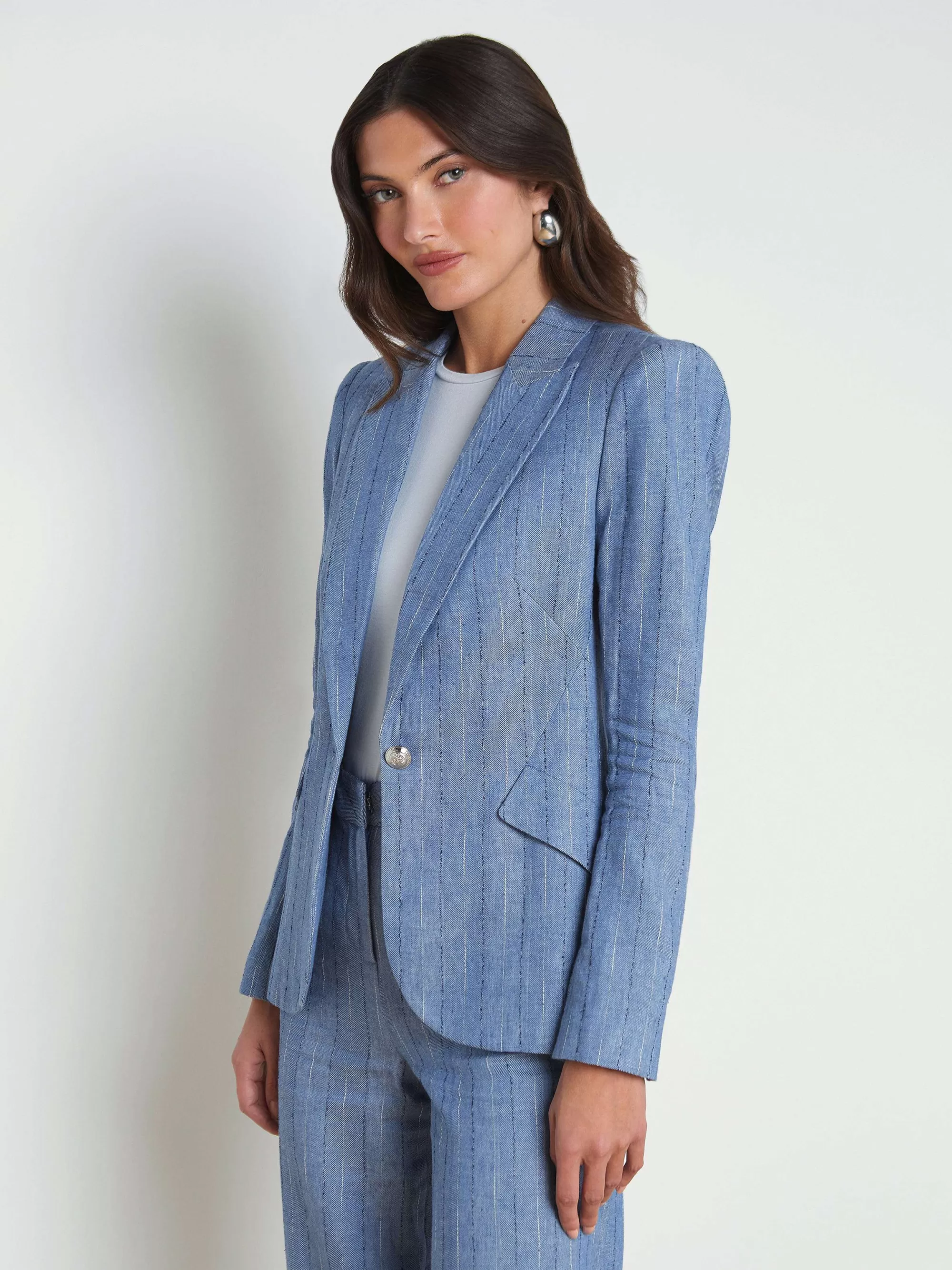 L'AGENCE Chamberlain Blazer Van Linnenmix Leisteenblauwe Krijtstreep New