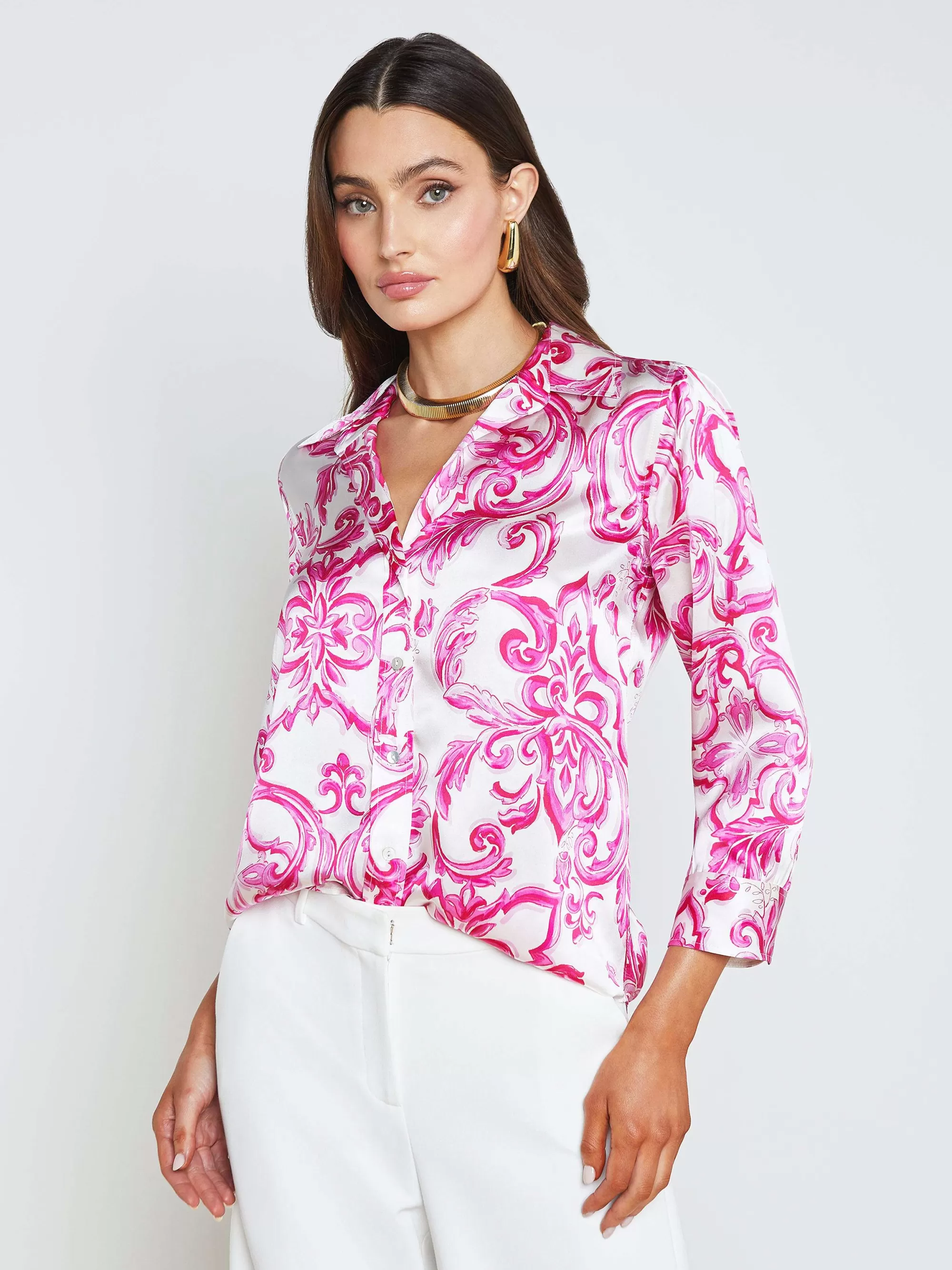 L'AGENCE Dani Zijden Blouse Wit/Roze Mediterrane Tegel New