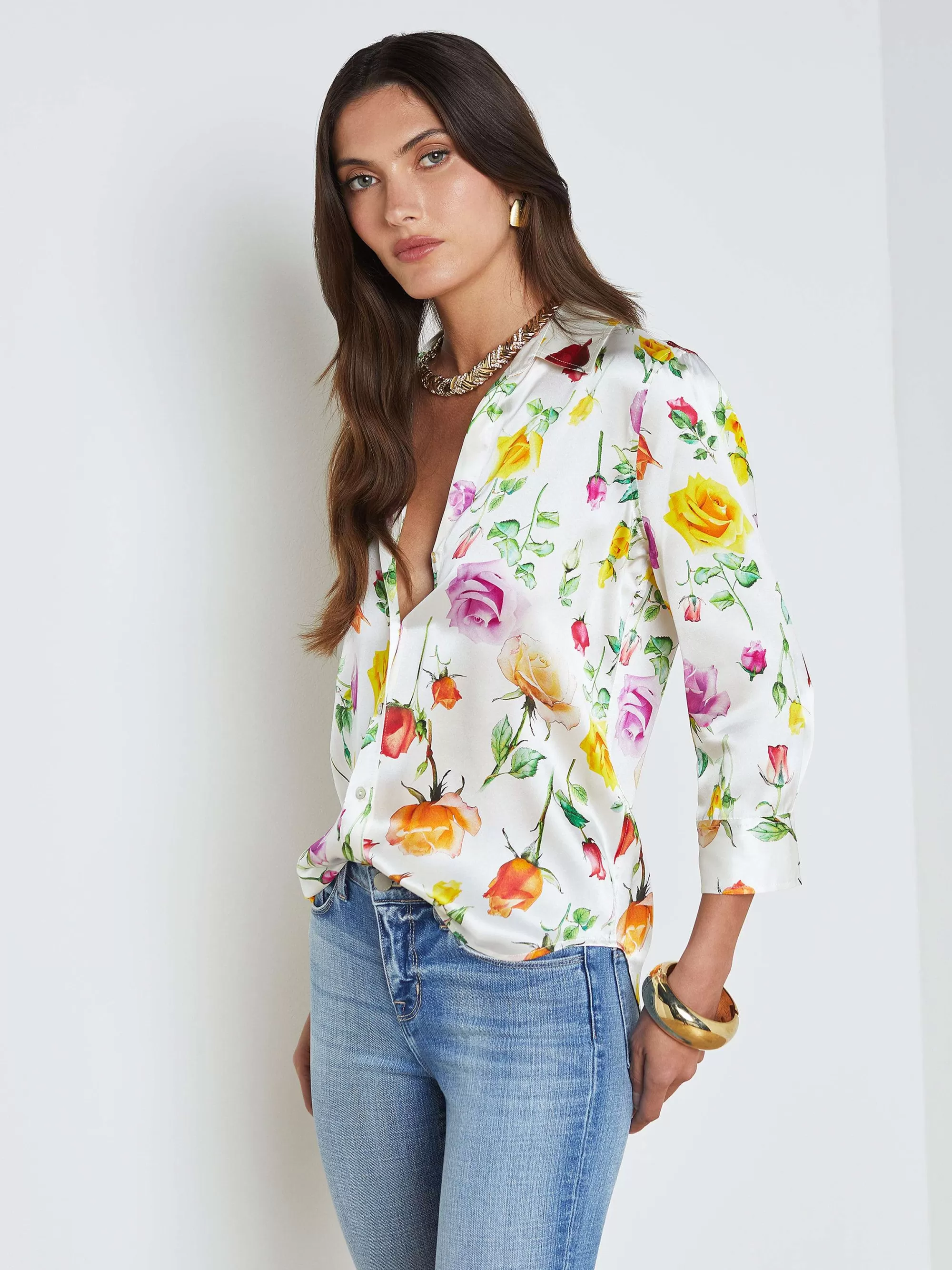 L'AGENCE Dani Zijden Blouse Witte Multimix Roos Fashion