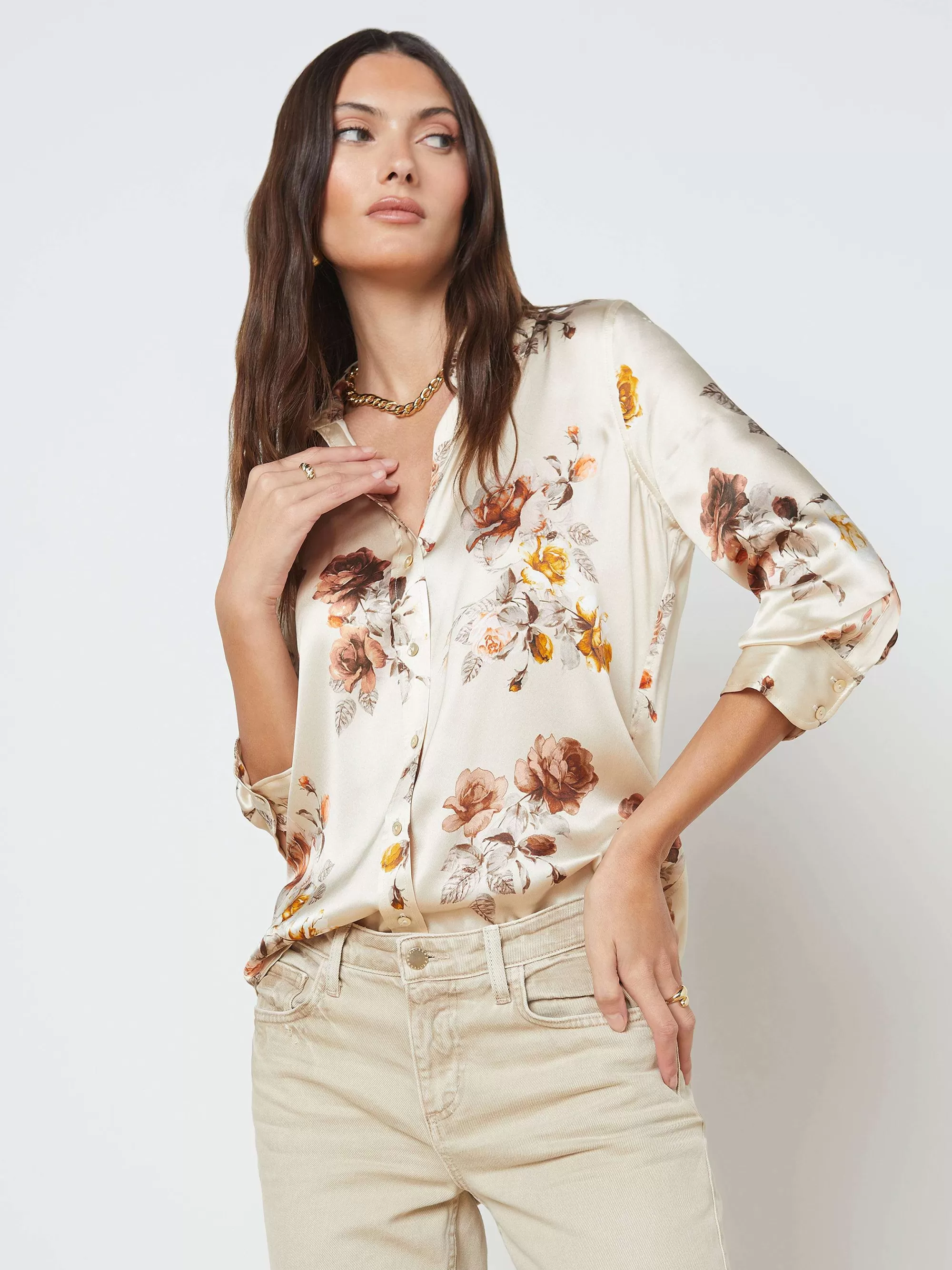 L'AGENCE Dani Zijden Blouse Buff Multi Tonaal Rose Bloemen Best Sale