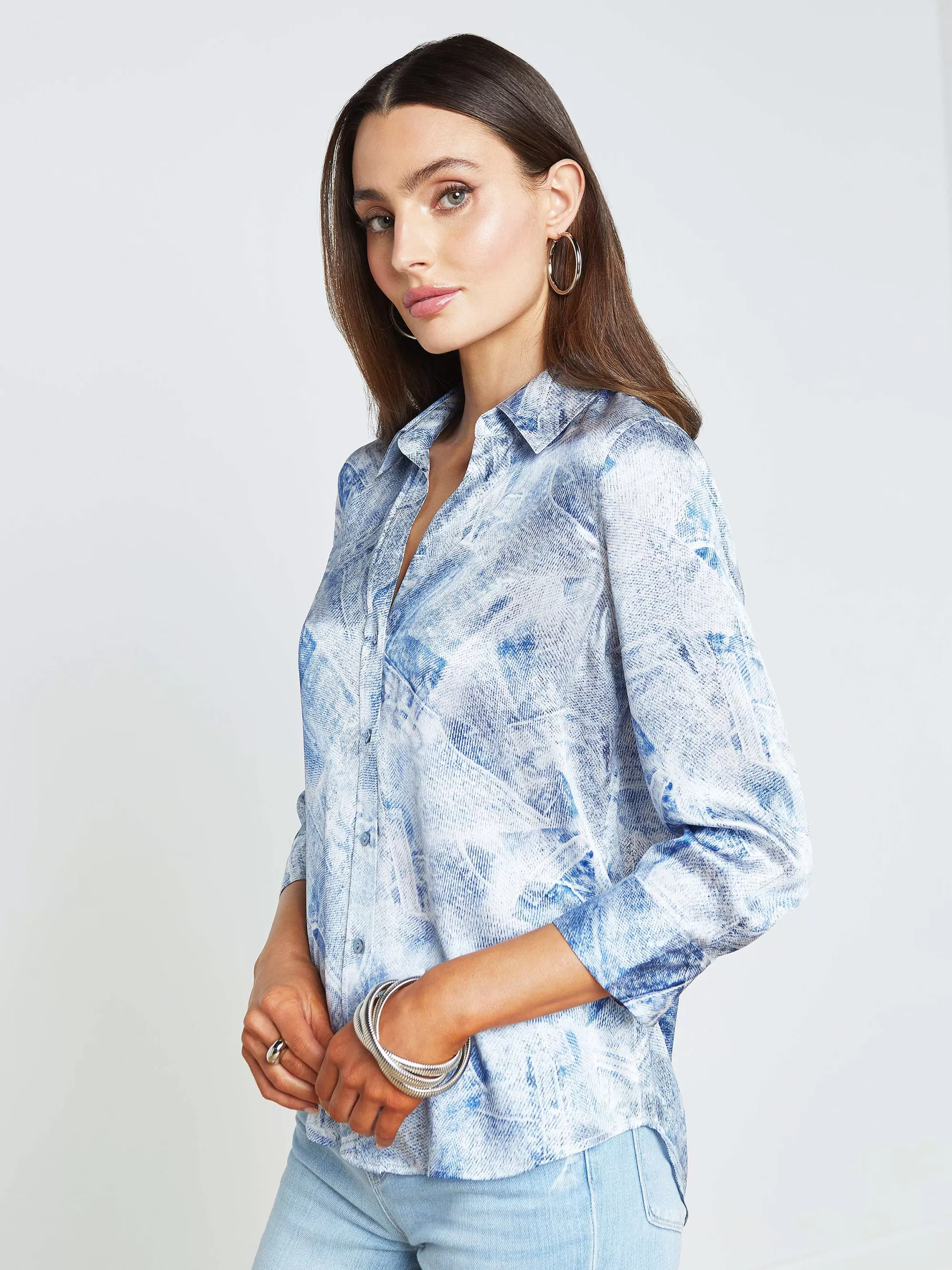 L'AGENCE Dani Zijden Blouse Blauwe Multi-Denimprint Clearance