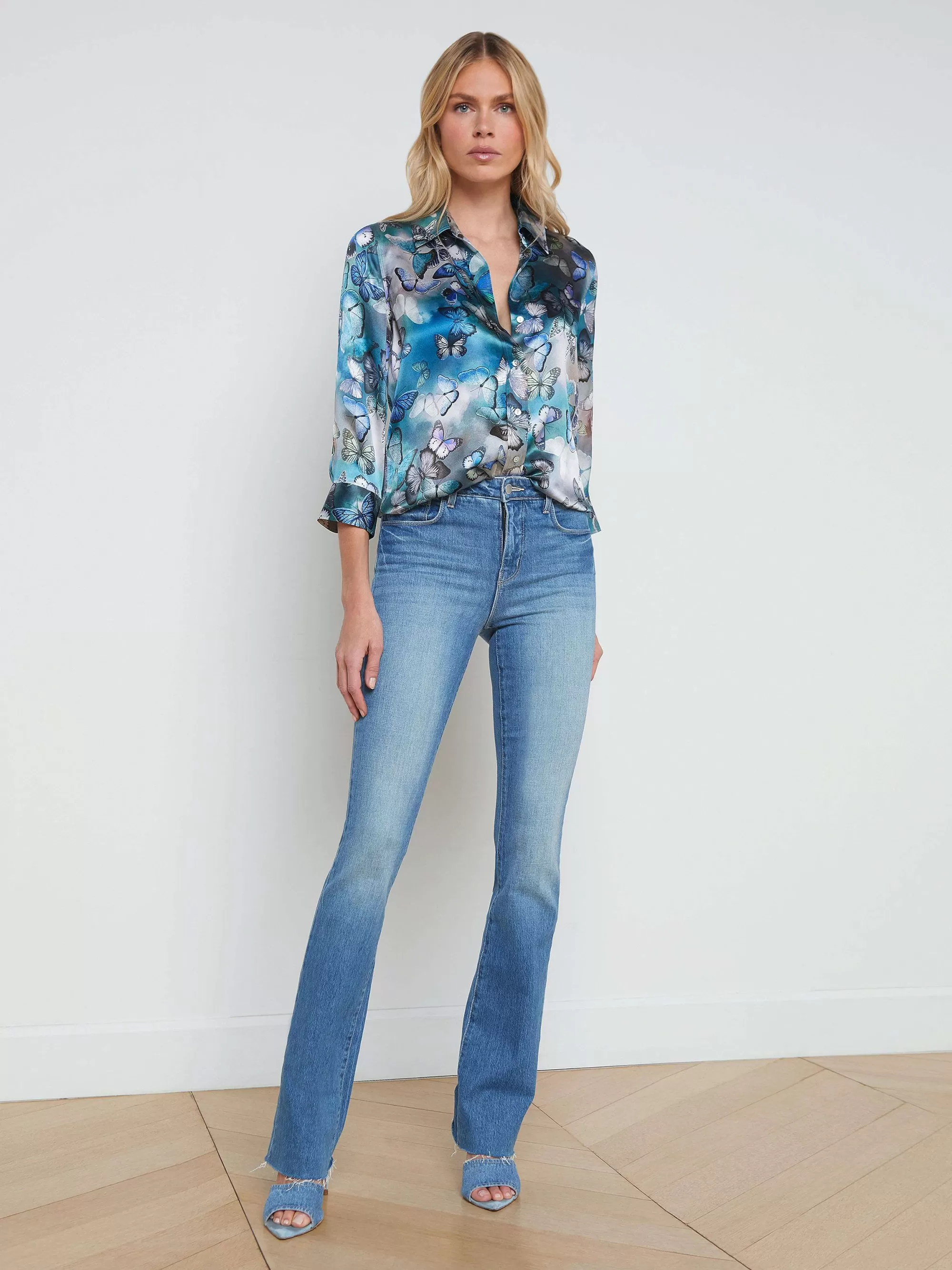 L'AGENCE Dani Zijden Blouse Blauwe Multi Wolkenvlinder Discount