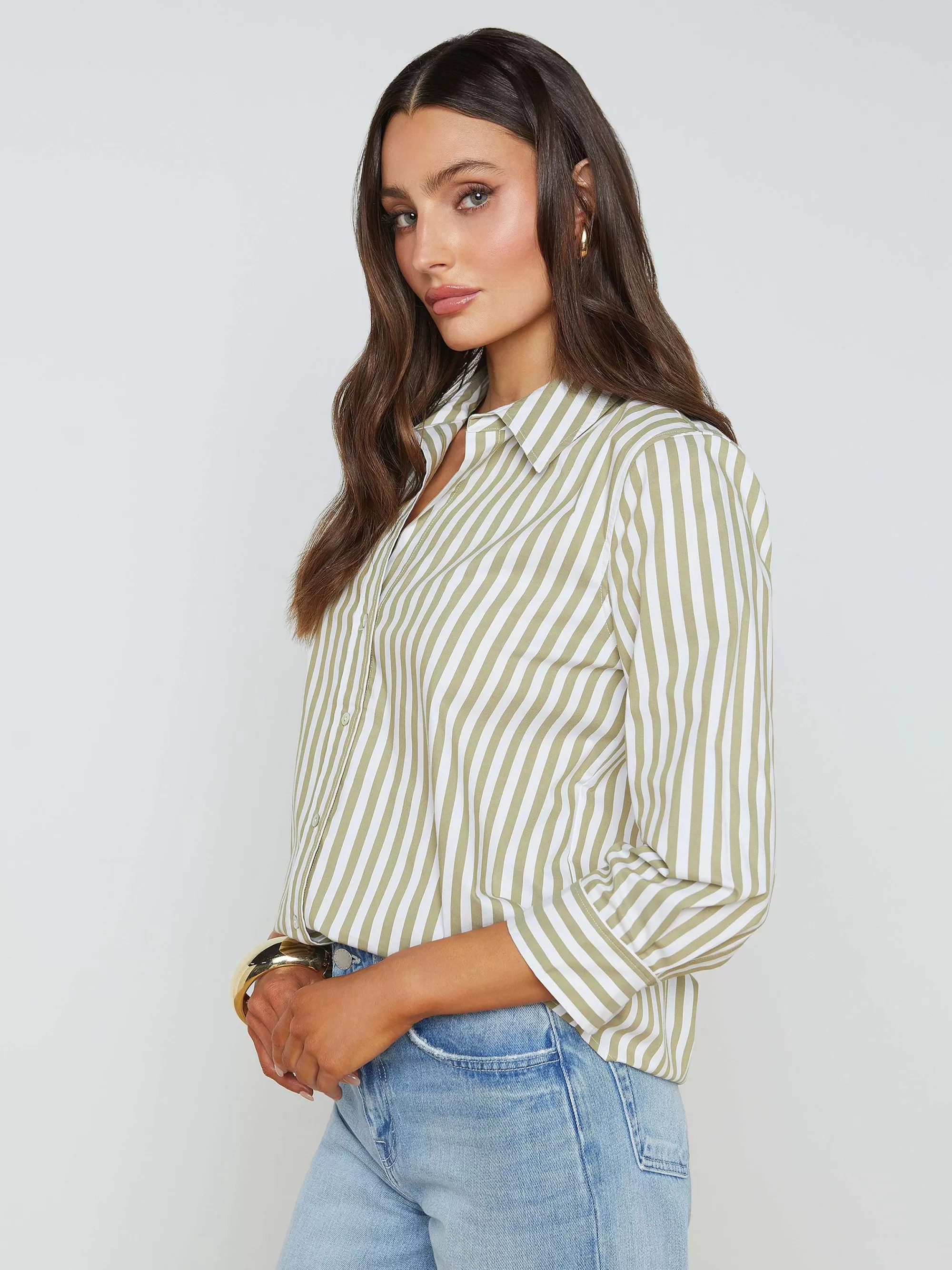 L'AGENCE Daniella Blouse Van Katoenmix Gedroogd Kruid/Witte Streep Cheap