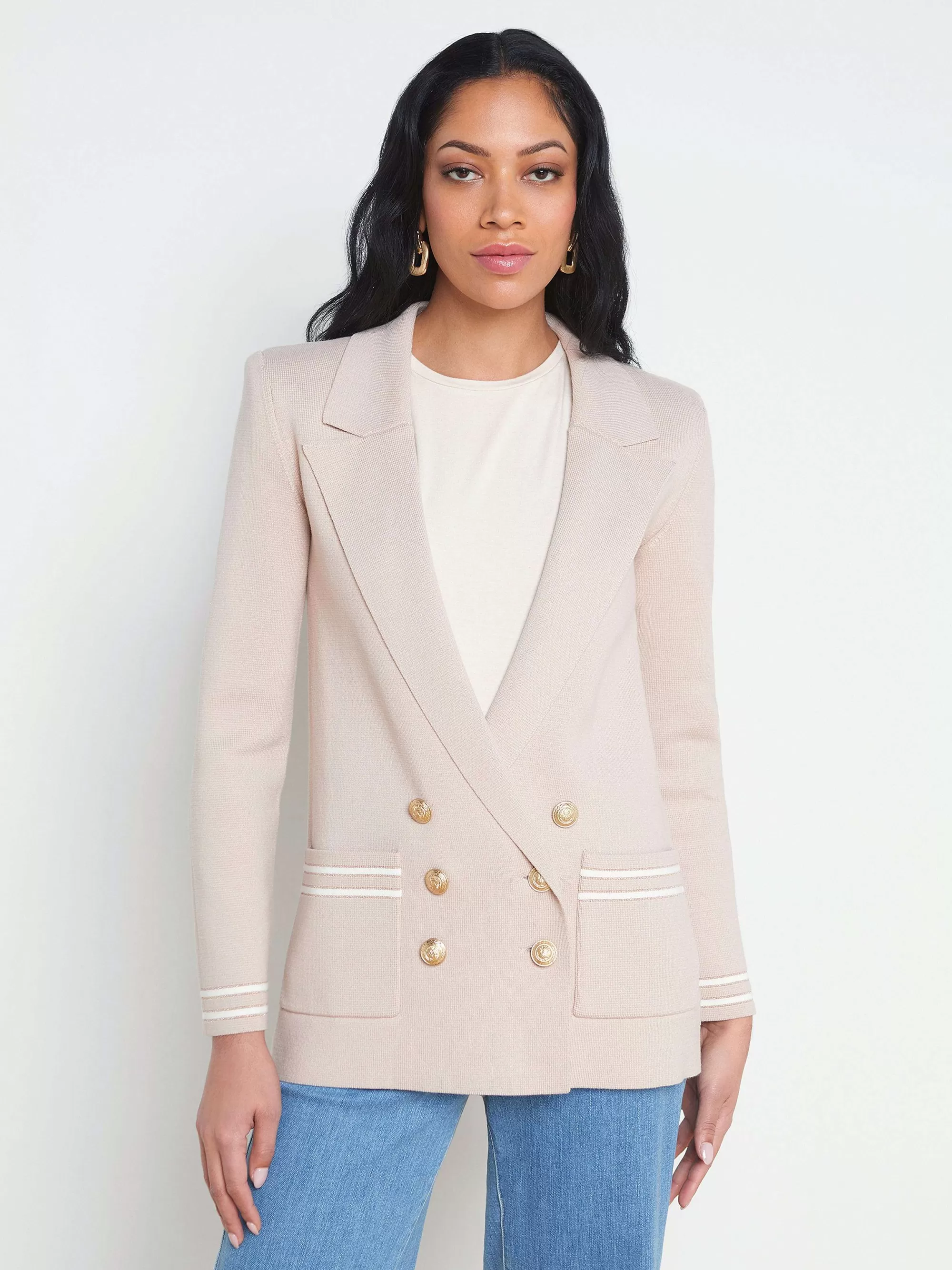 L'AGENCE Eileen Gebreide Boyfriend Blazer Ash Rose Met Ivoor/Gouden Streep Best