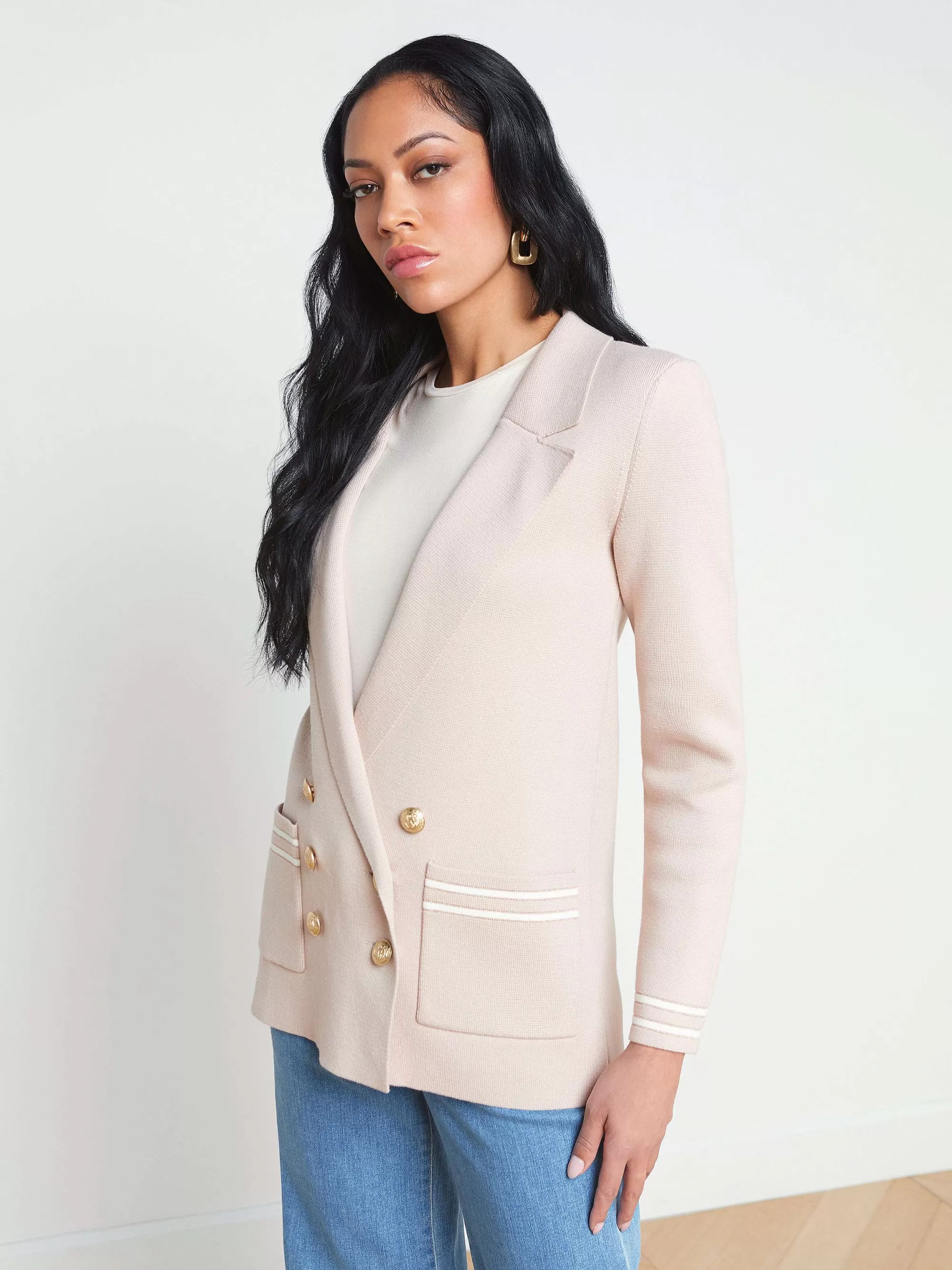 L'AGENCE Eileen Gebreide Boyfriend Blazer Ash Rose Met Ivoor/Gouden Streep Best