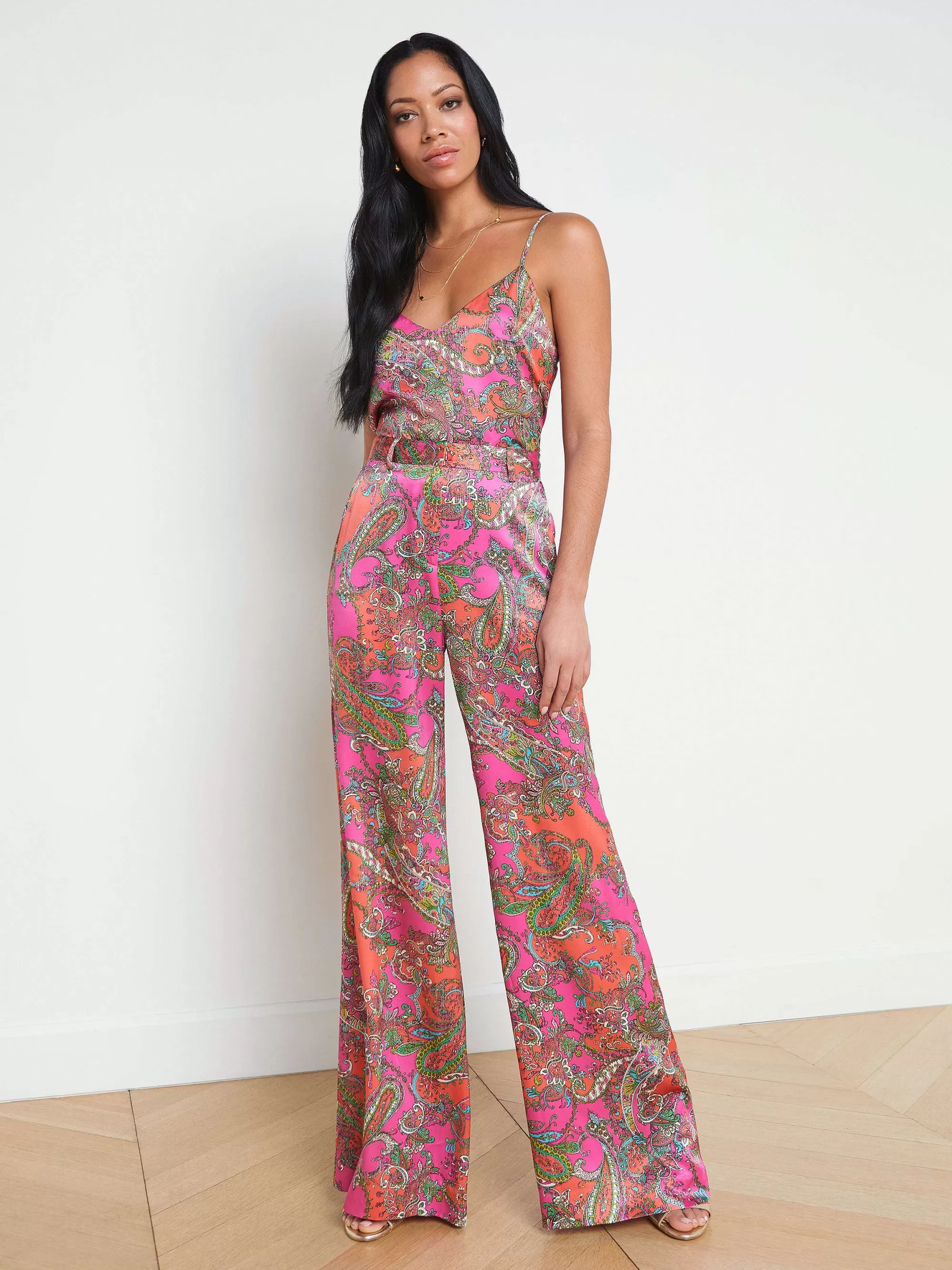 L'AGENCE Gavin Zijden Broek Met Wijde Pijpen Rhodamine Multi Bright Pop Paisley Flash Sale