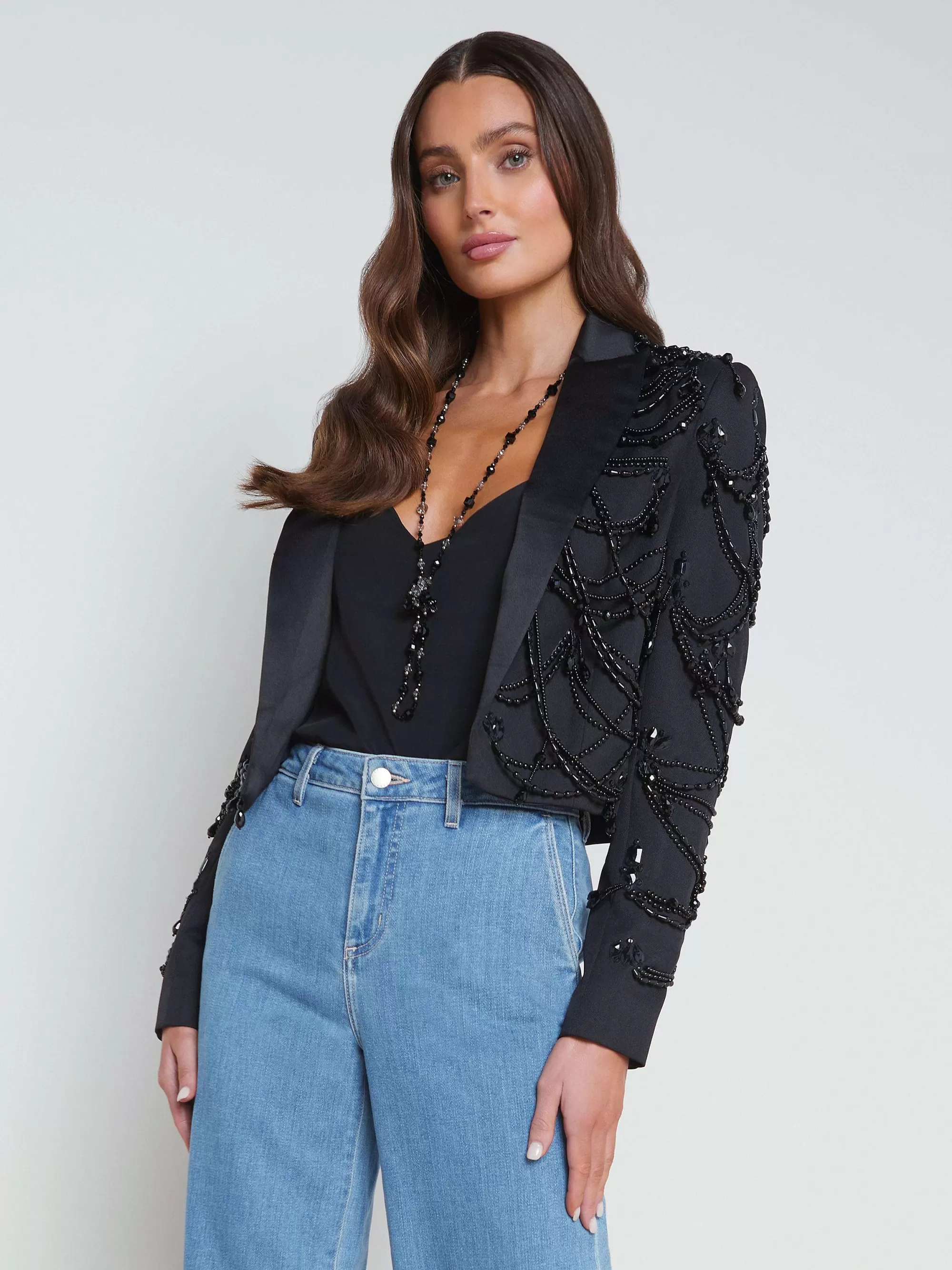 L'AGENCE Jen Cropped Blazer Met Kralen Zwart Sale