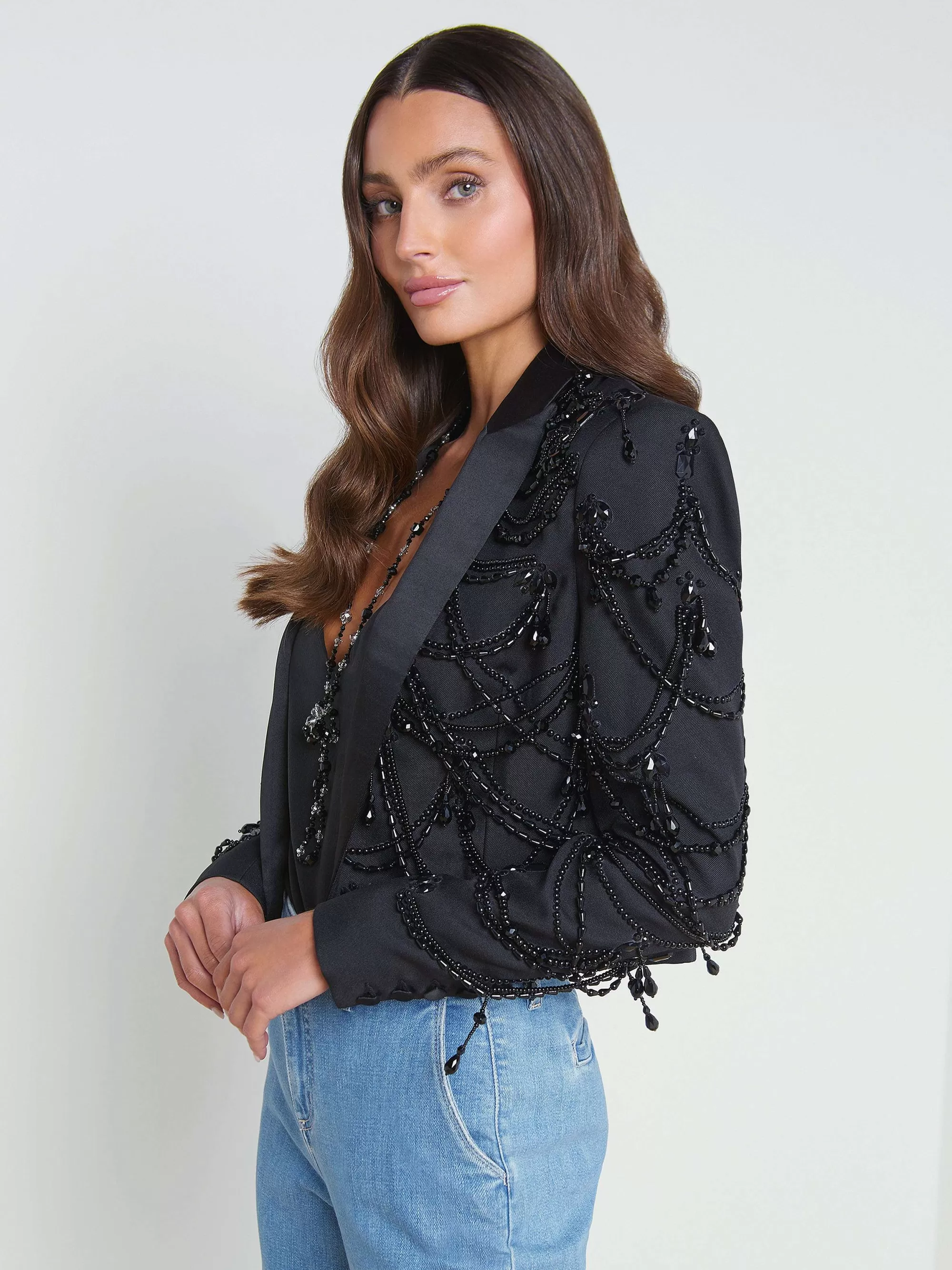 L'AGENCE Jen Cropped Blazer Met Kralen Zwart Sale