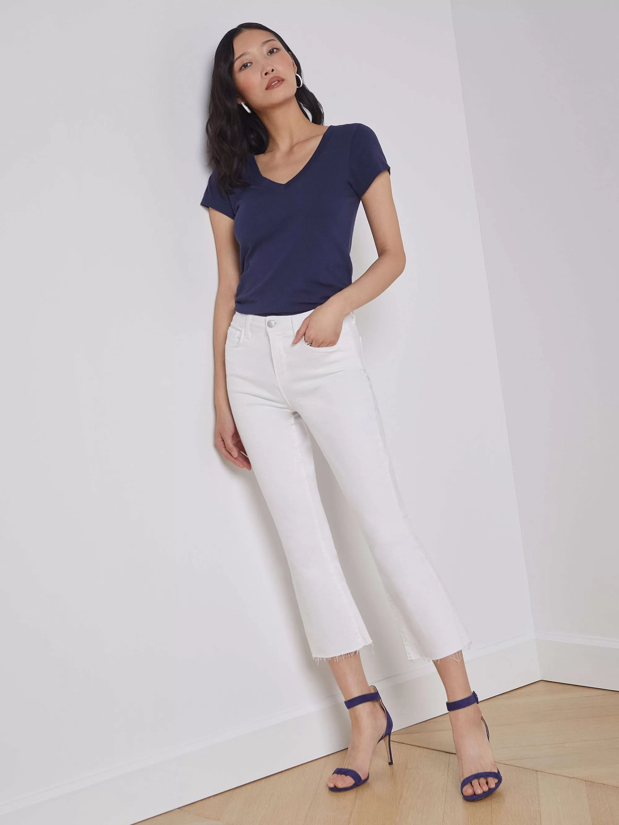 L'AGENCE Kendra Cropped Flare-Jeans Blanco Sale