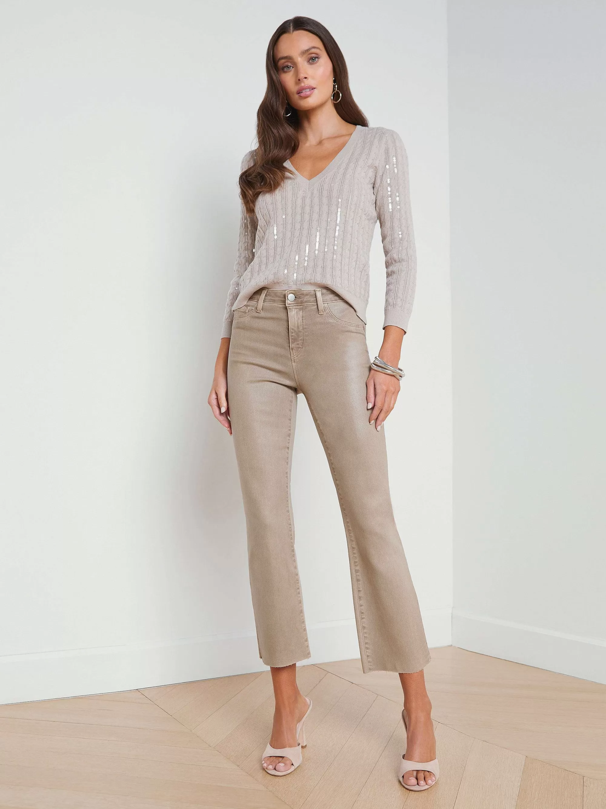 L'AGENCE Kendra Gecoate Cropped Flare-Jeans Rogge Gecoat Flash Sale