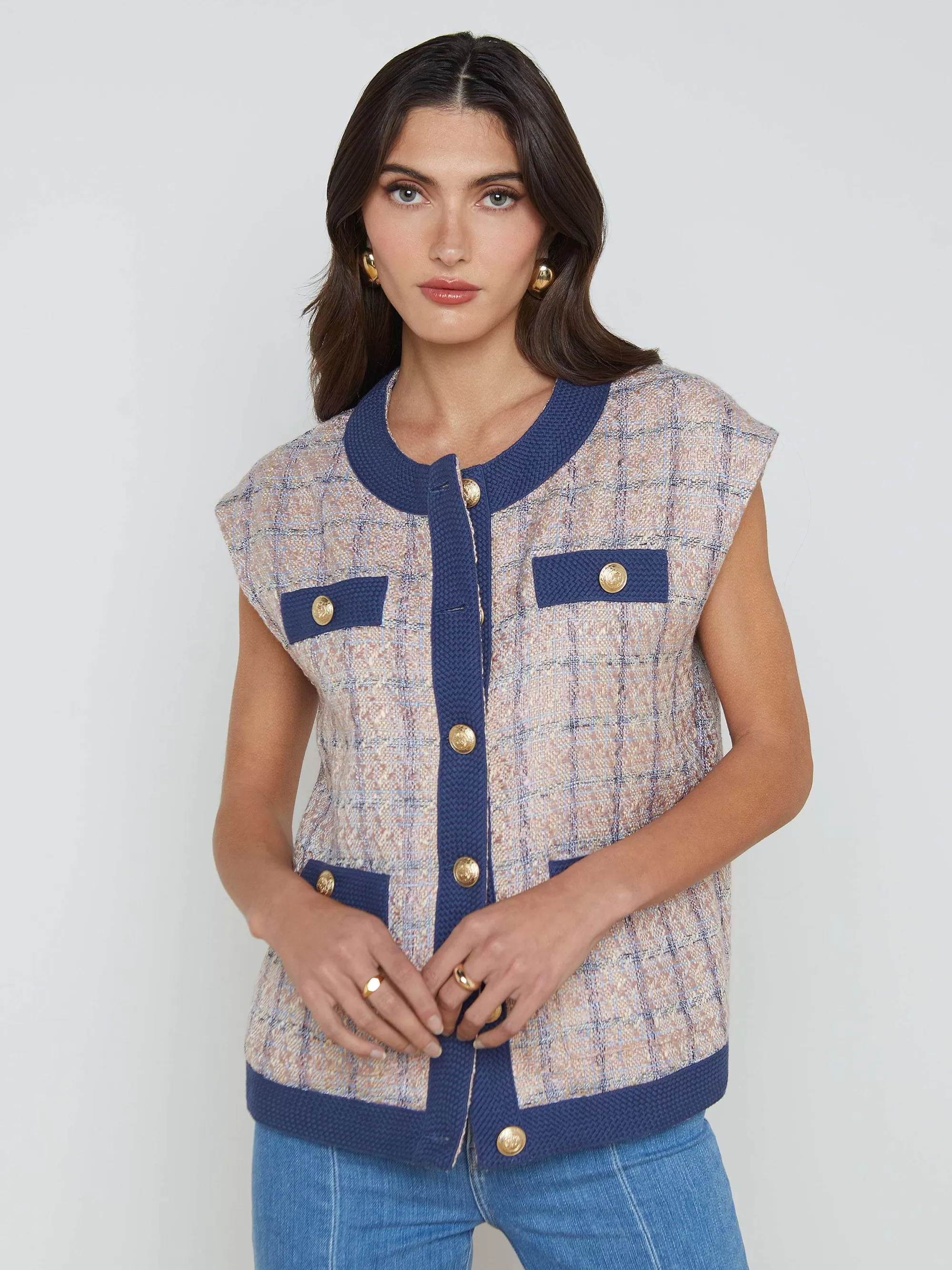 L'AGENCE Laurel Tweed Oversized Vest Geelbruin/Stoffig Roze/Blauw Flash Sale