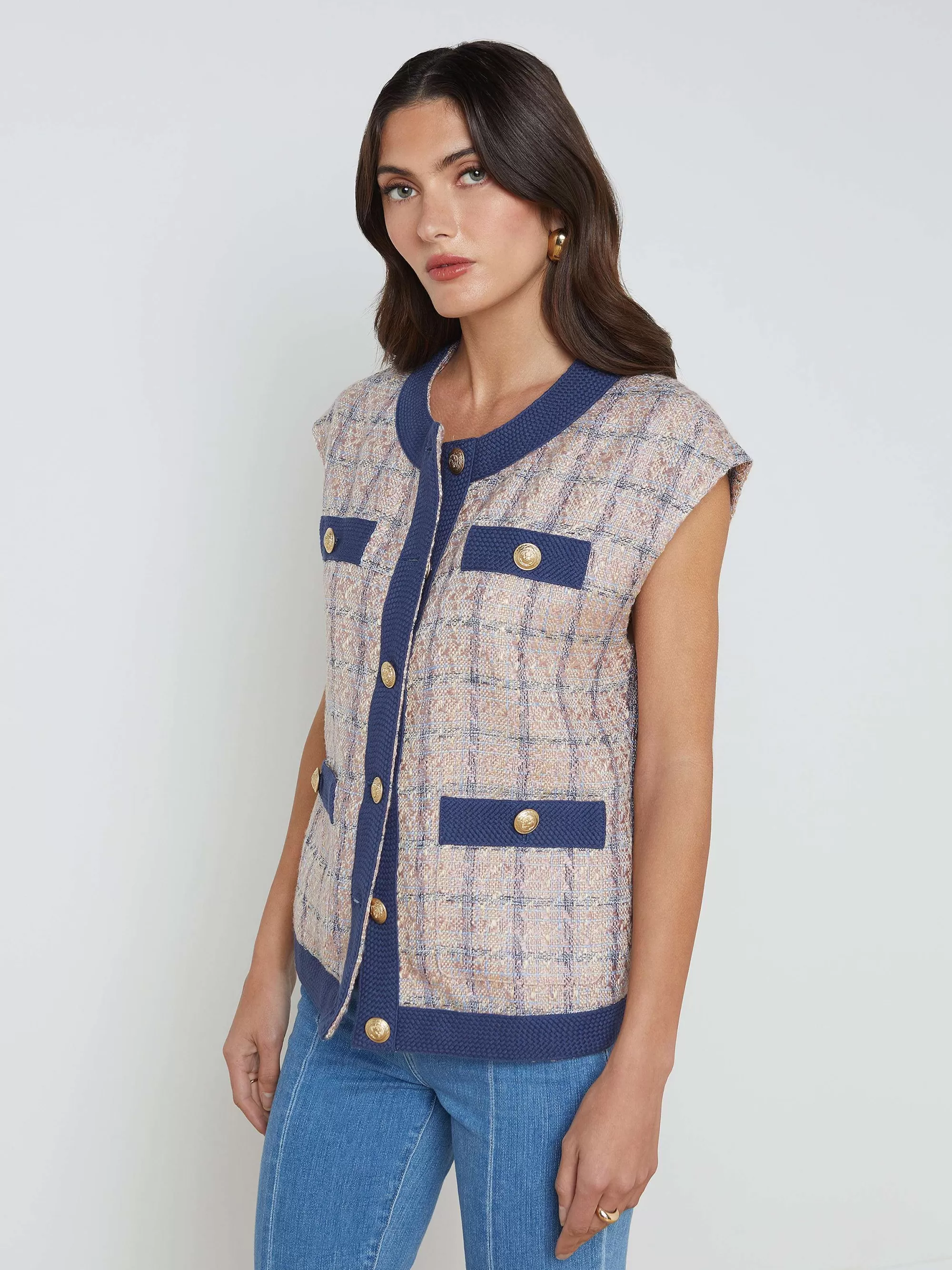 L'AGENCE Laurel Tweed Oversized Vest Geelbruin/Stoffig Roze/Blauw Flash Sale