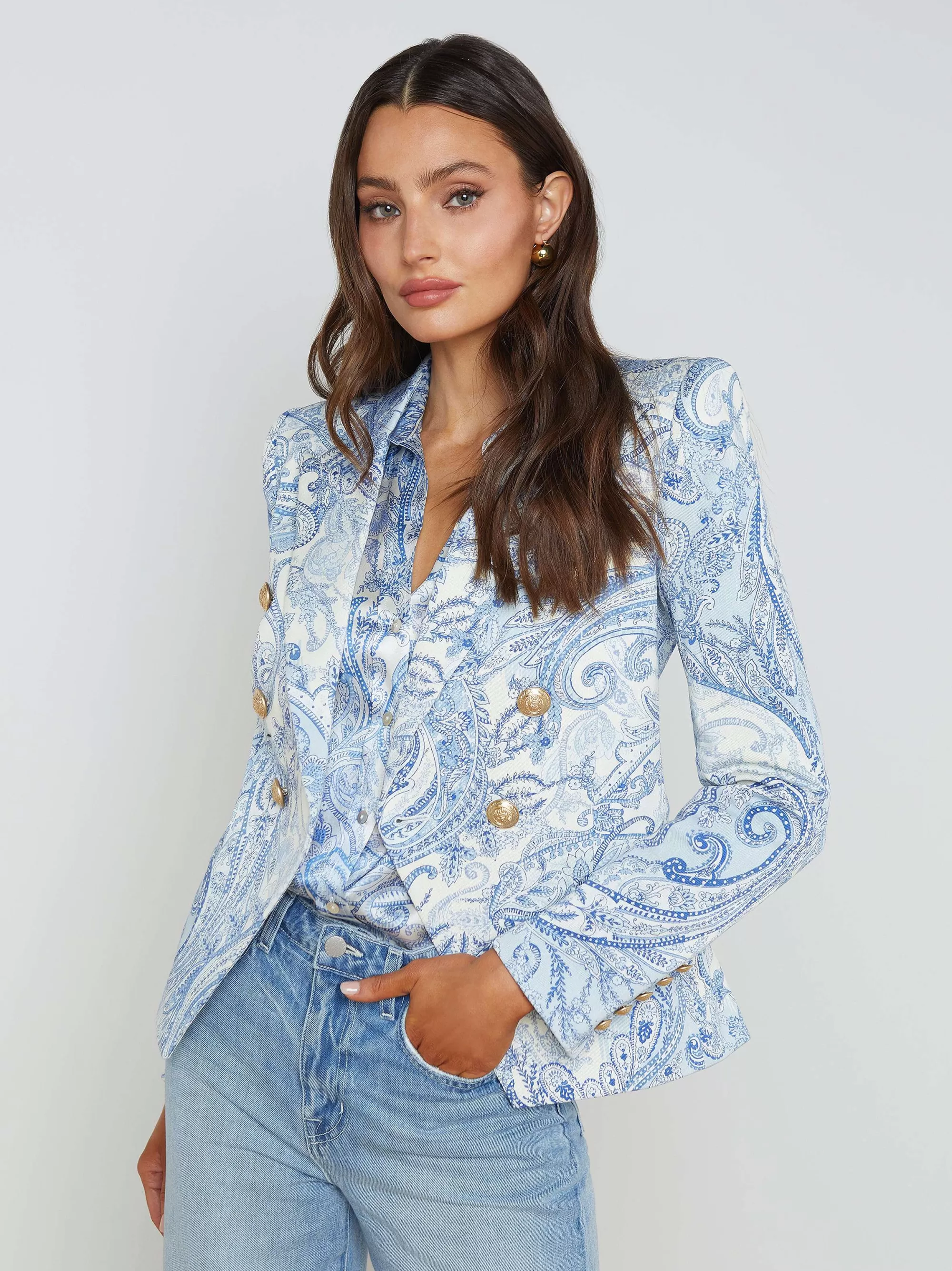 L'AGENCE Marie Slim-Fit Blazer Ivoor/Blauw Versierde Paisley Discount