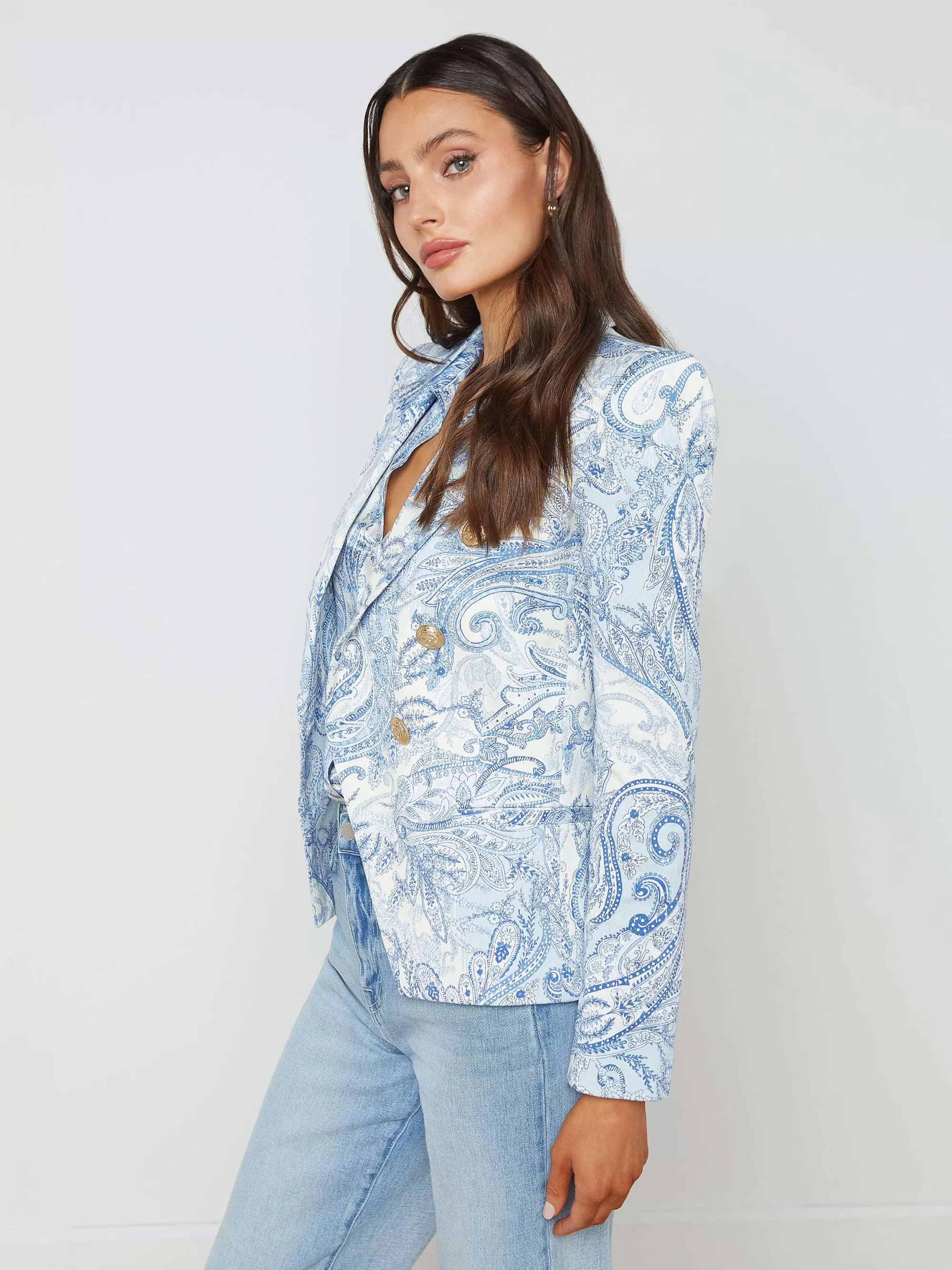 L'AGENCE Marie Slim-Fit Blazer Ivoor/Blauw Versierde Paisley Discount