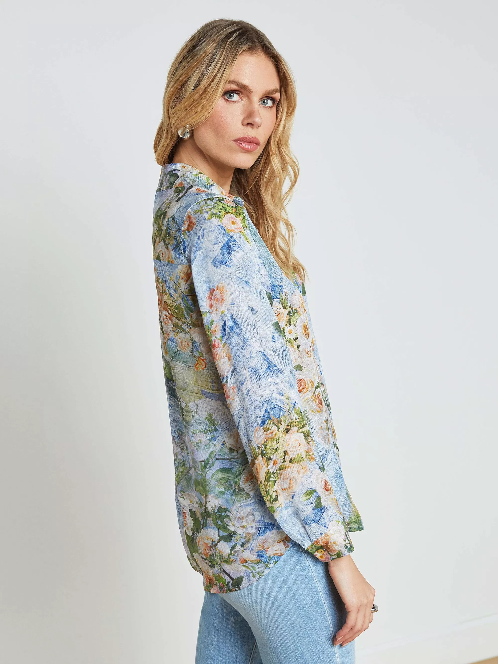 L'AGENCE Nina Zijden Blouse Denim Met Meerdere Bloemen Fashion