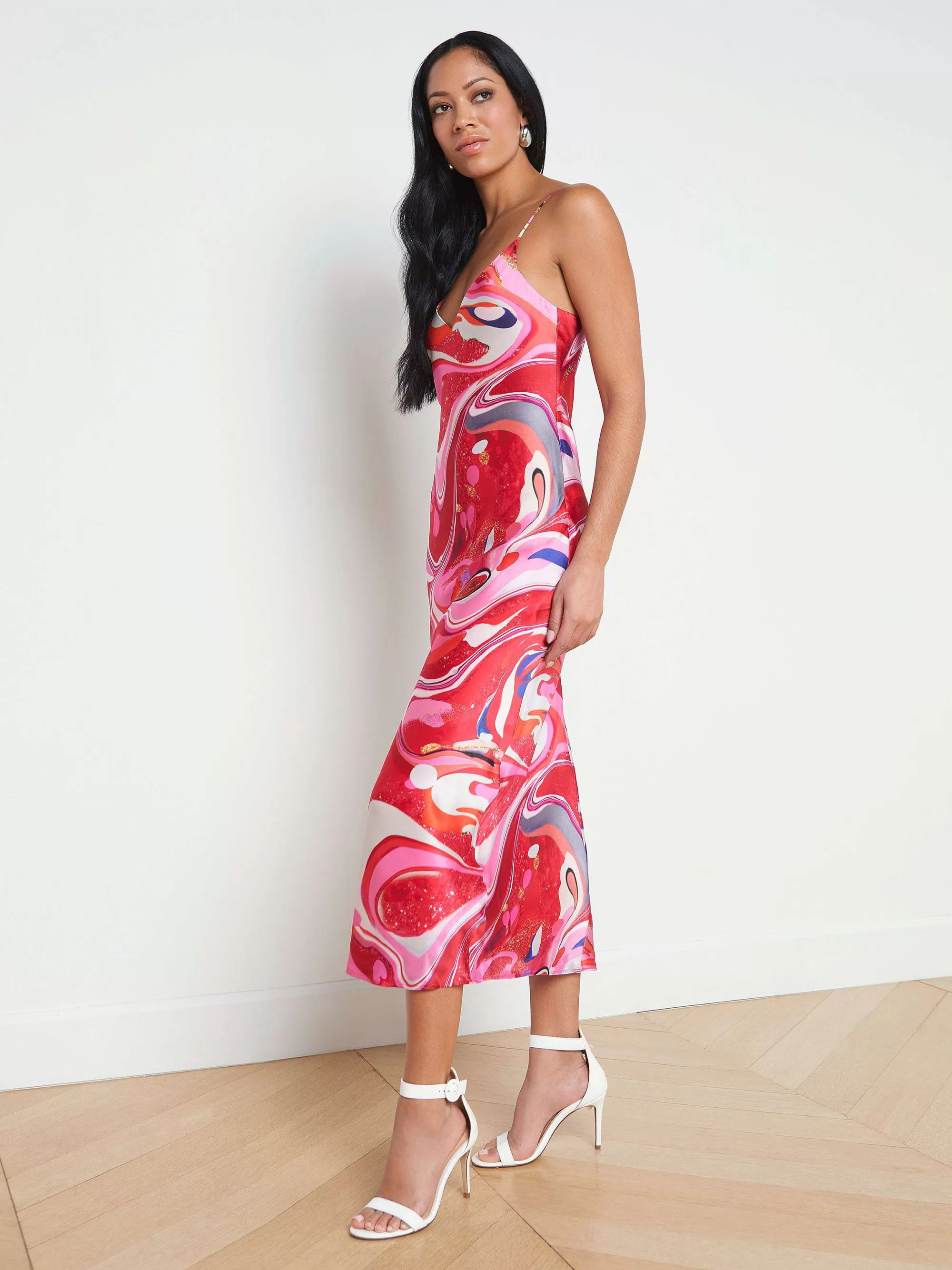 L'AGENCE Seridie Zijden Slipdress Roze Multi-Tie-Dye-Werveling Flash Sale