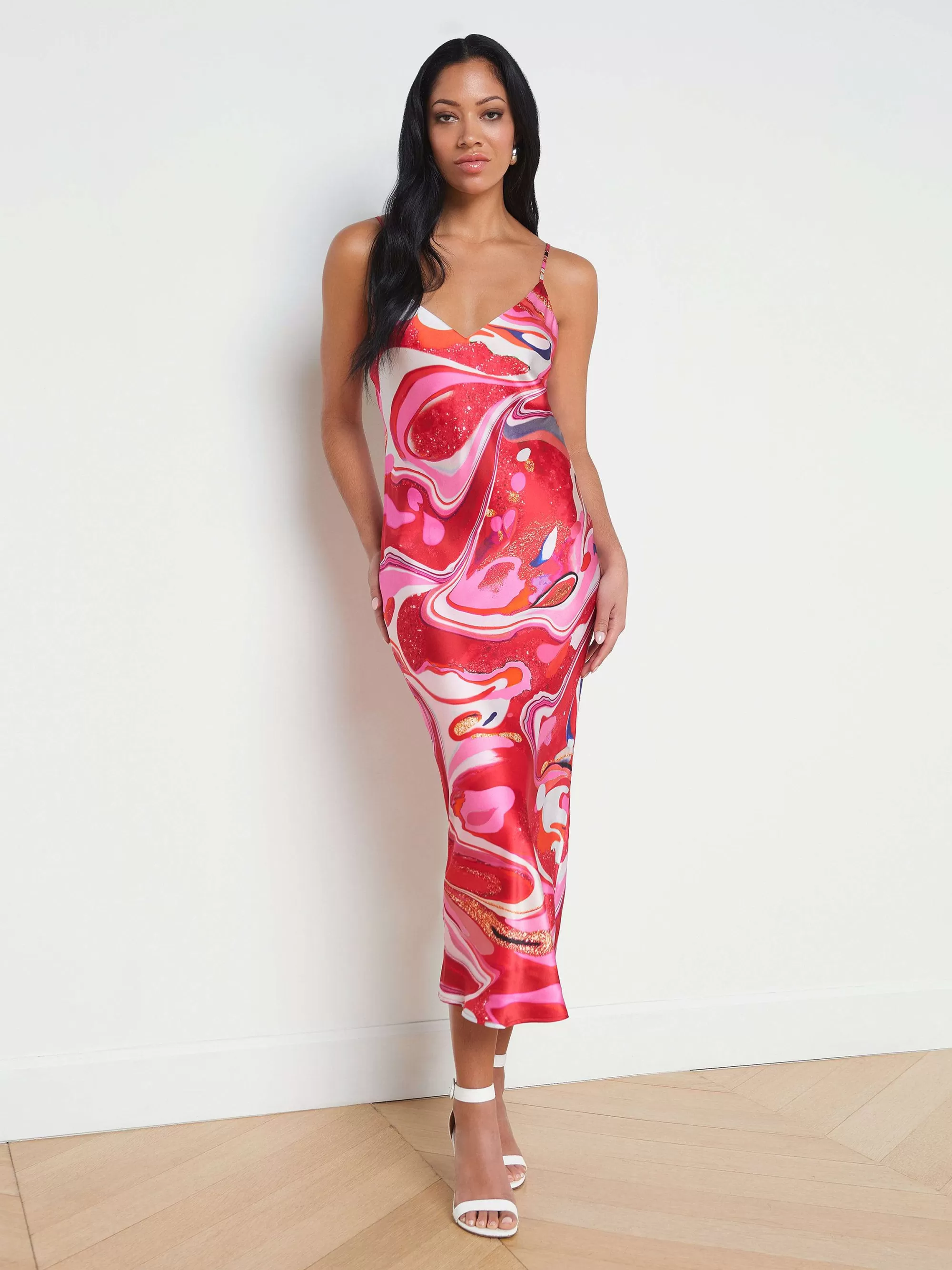 L'AGENCE Seridie Zijden Slipdress Roze Multi-Tie-Dye-Werveling Flash Sale