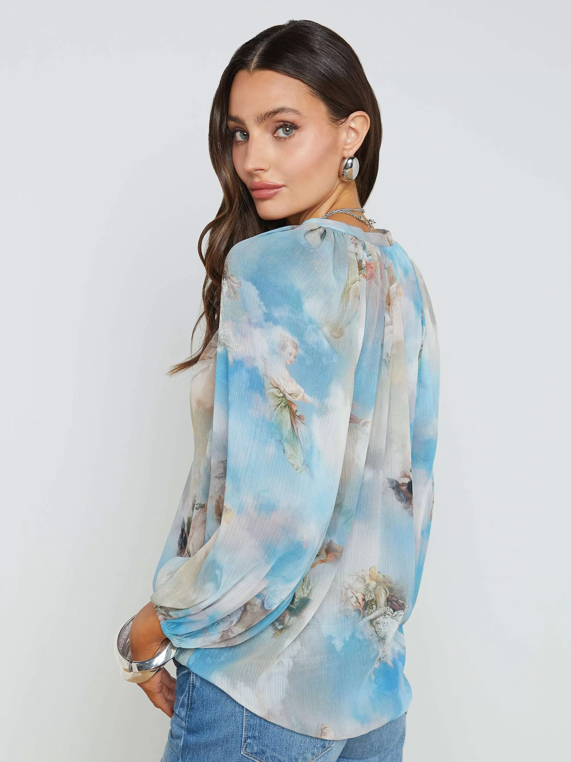 L'AGENCE Teagan Blouse Met Pofmouwen Lichtblauw Multi-Renaissance Cheap