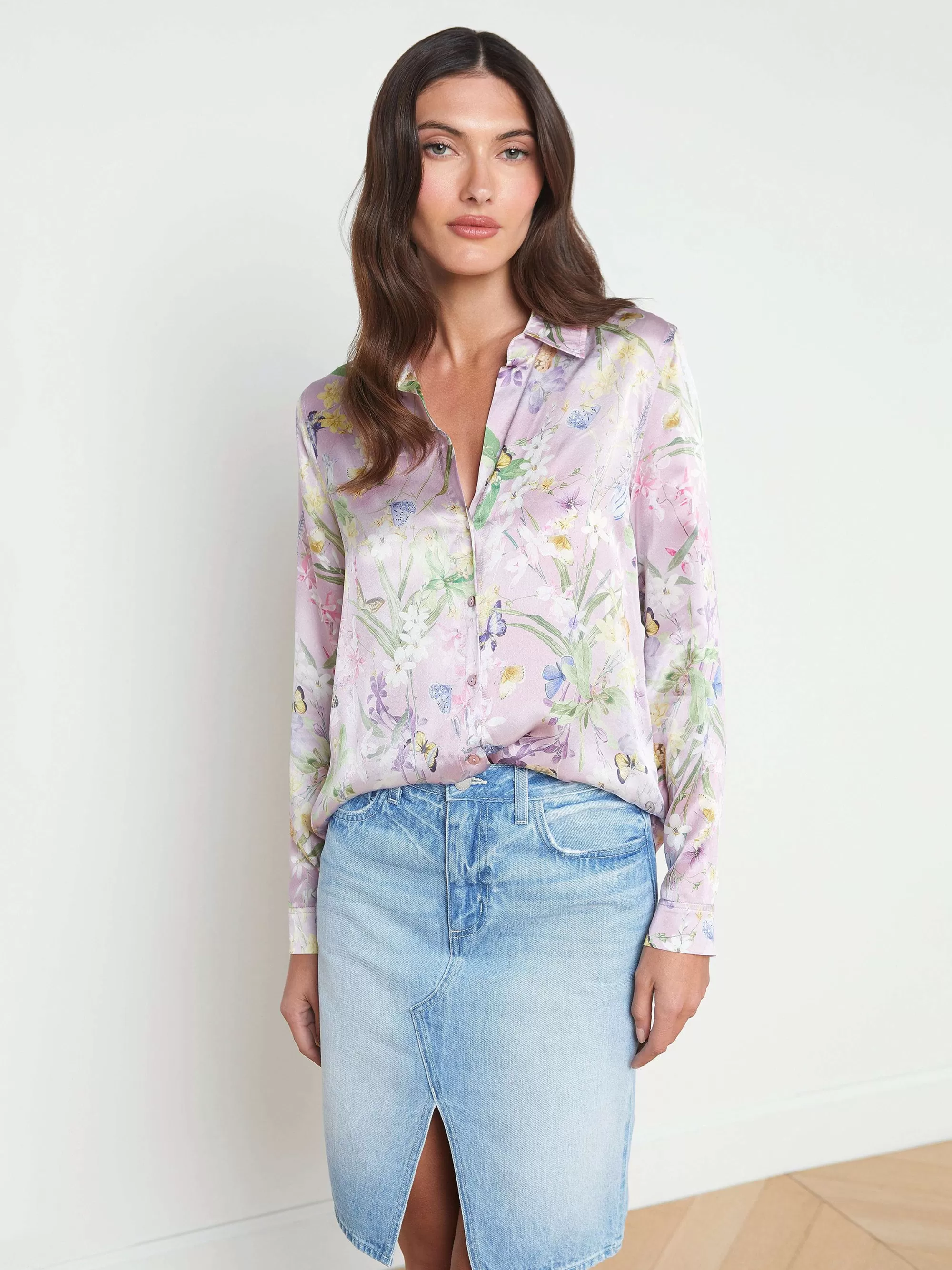 L'AGENCE Tyler Zijden Blouse Lila Sneeuw Botanische Vlinder Sale