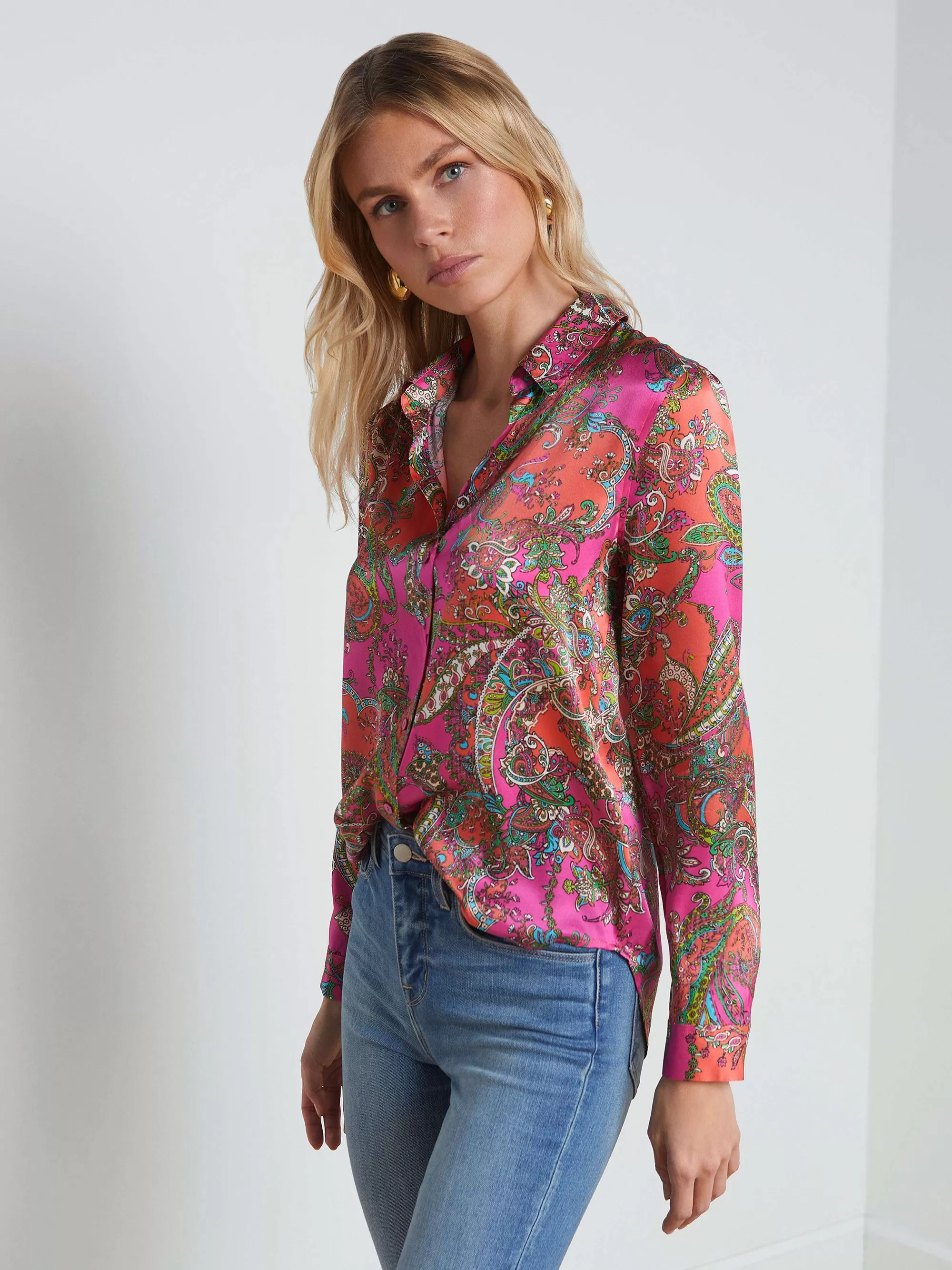 L'AGENCE Tyler Zijden Blouse Rhodamine Multi Bright Pop Paisley Hot