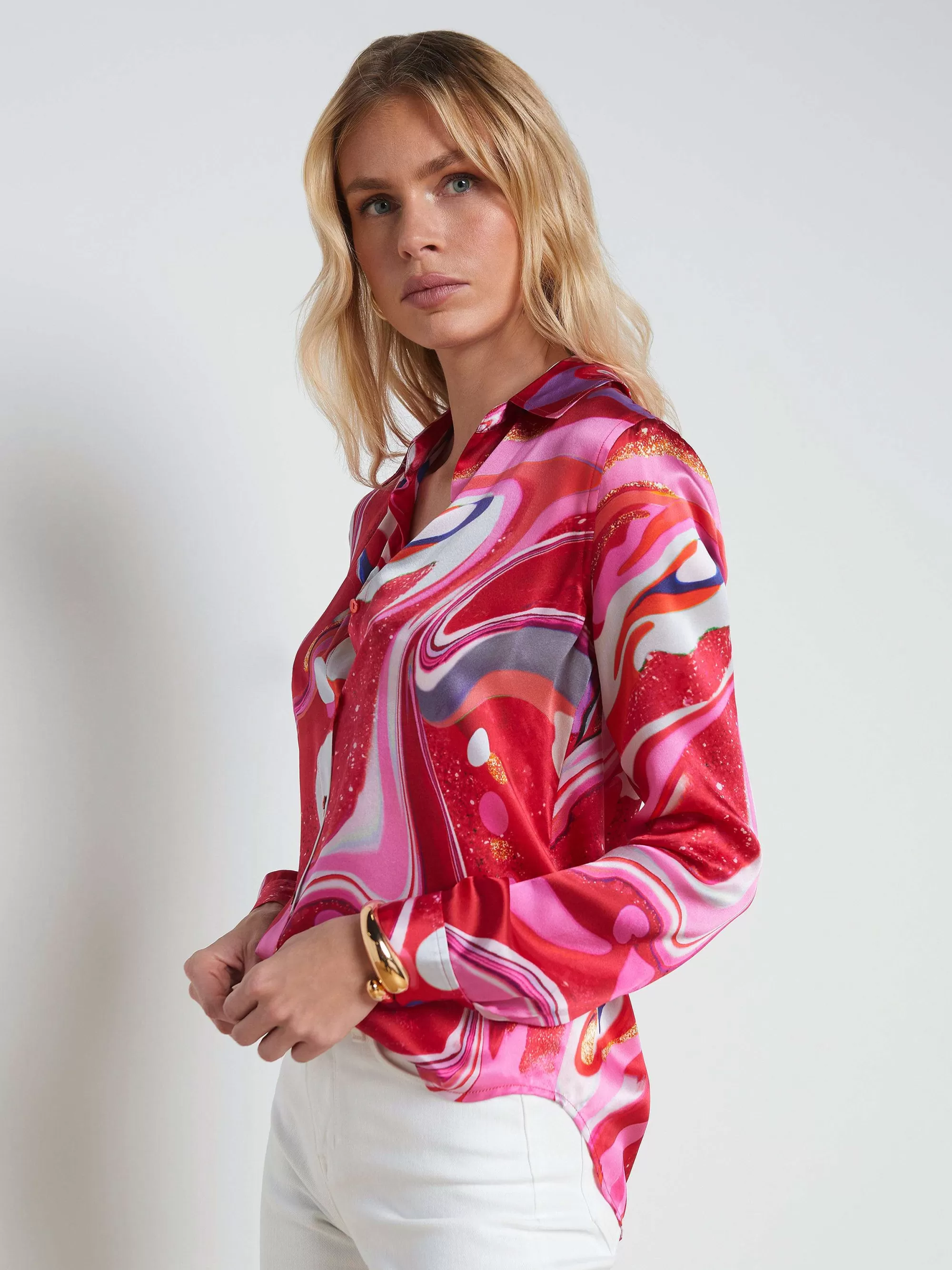 L'AGENCE Tyler Zijden Blouse Roze Multi-Tie-Dye-Werveling Discount